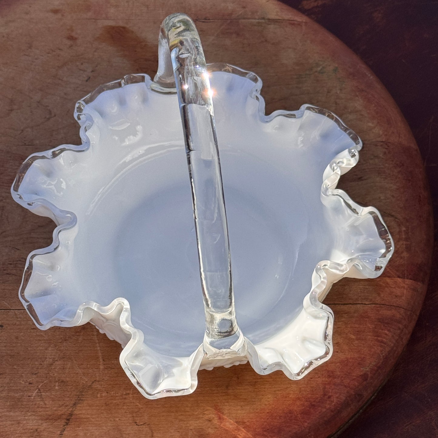 Vintage Fenton White Ruffled Silver Crest Spanish Lace Glass Basket