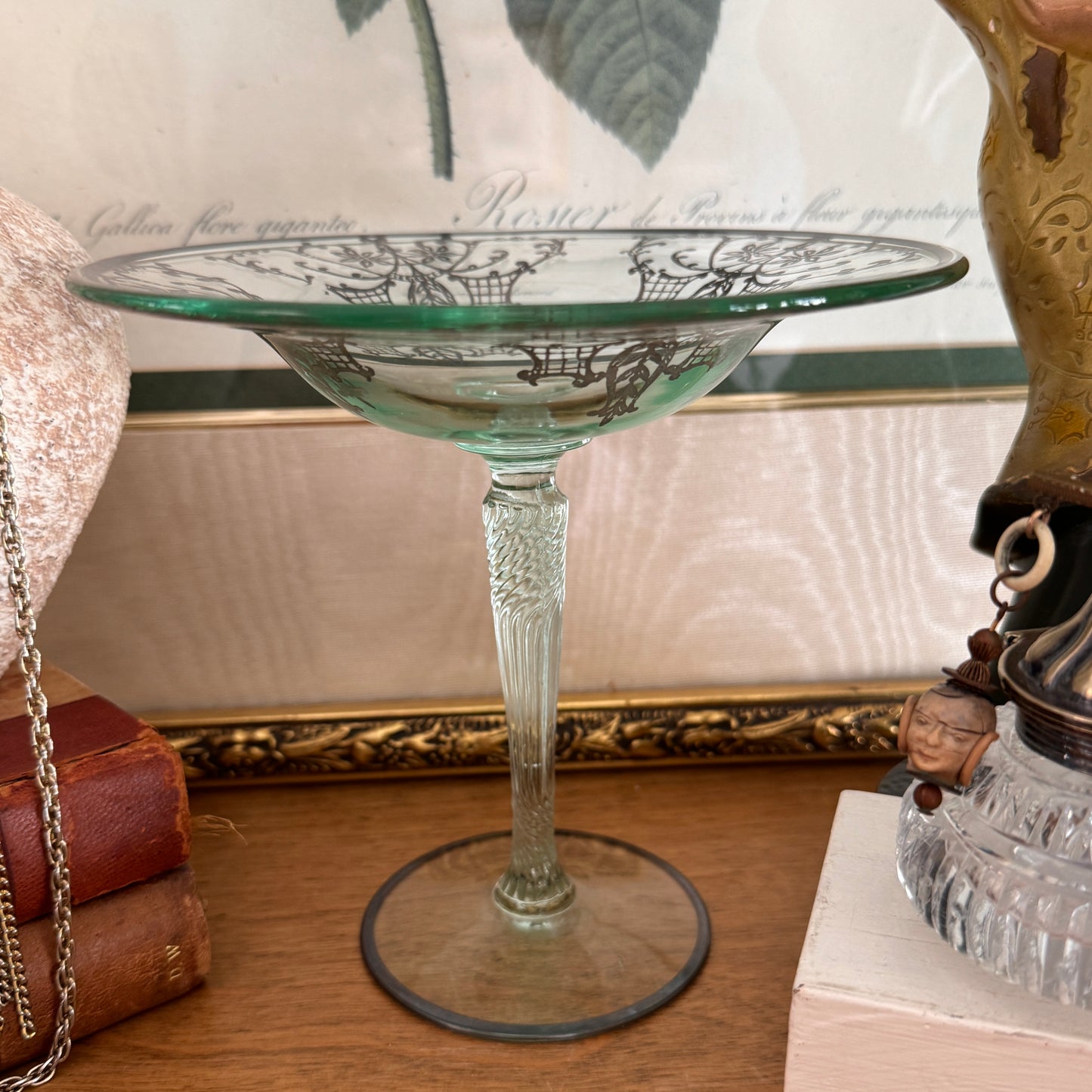 Sterling Silver Overlay Pedestal Green Glass Compote