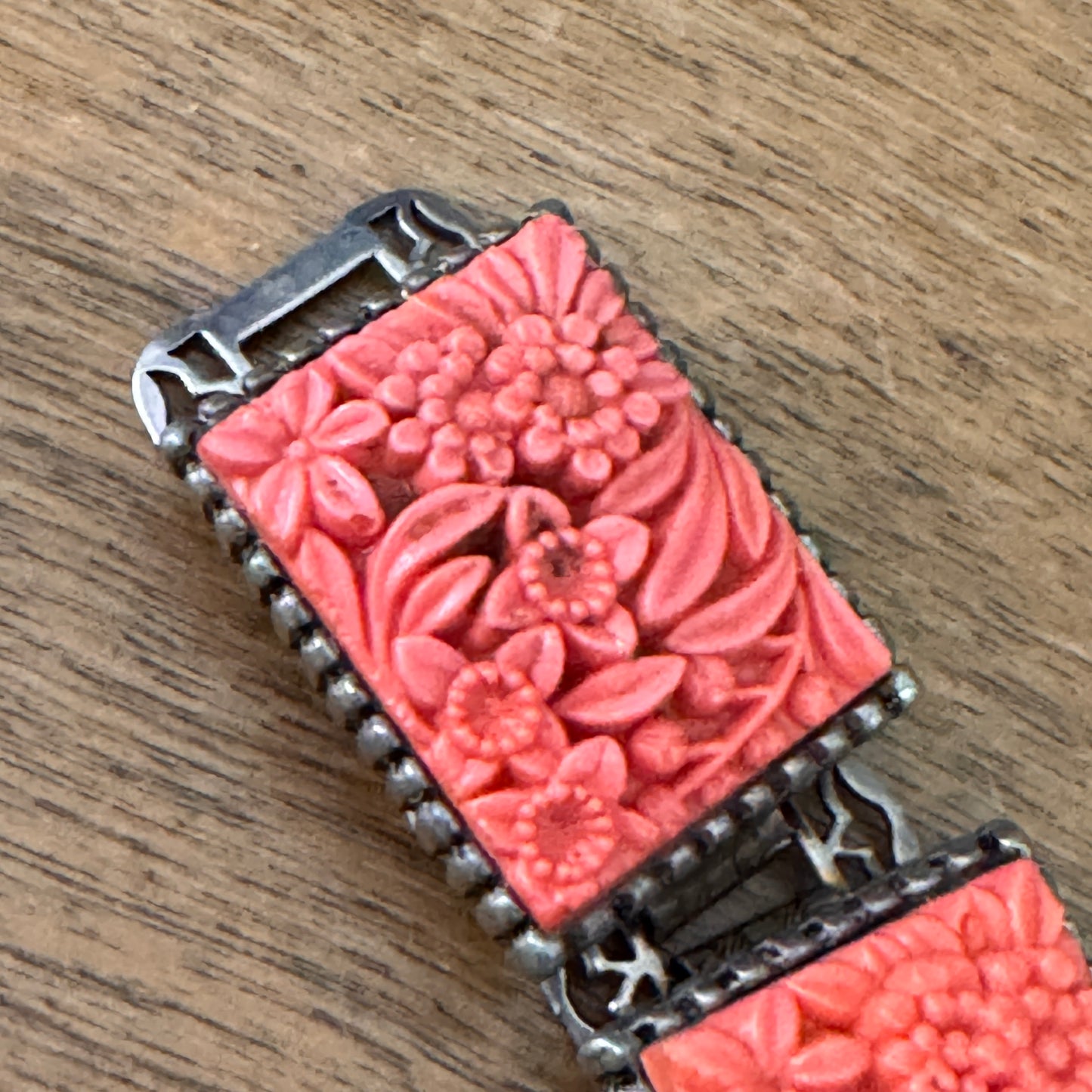 Vintage Hefty Coral Hued Floral Chunky Celluloid Linked Book Chain Bracelet