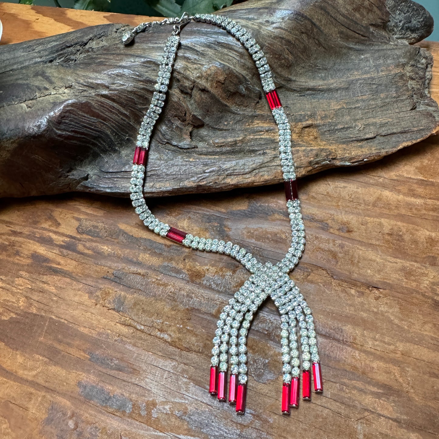 Vintage Clear & Red Multi Faceted Rhinestone Dangling Necklace