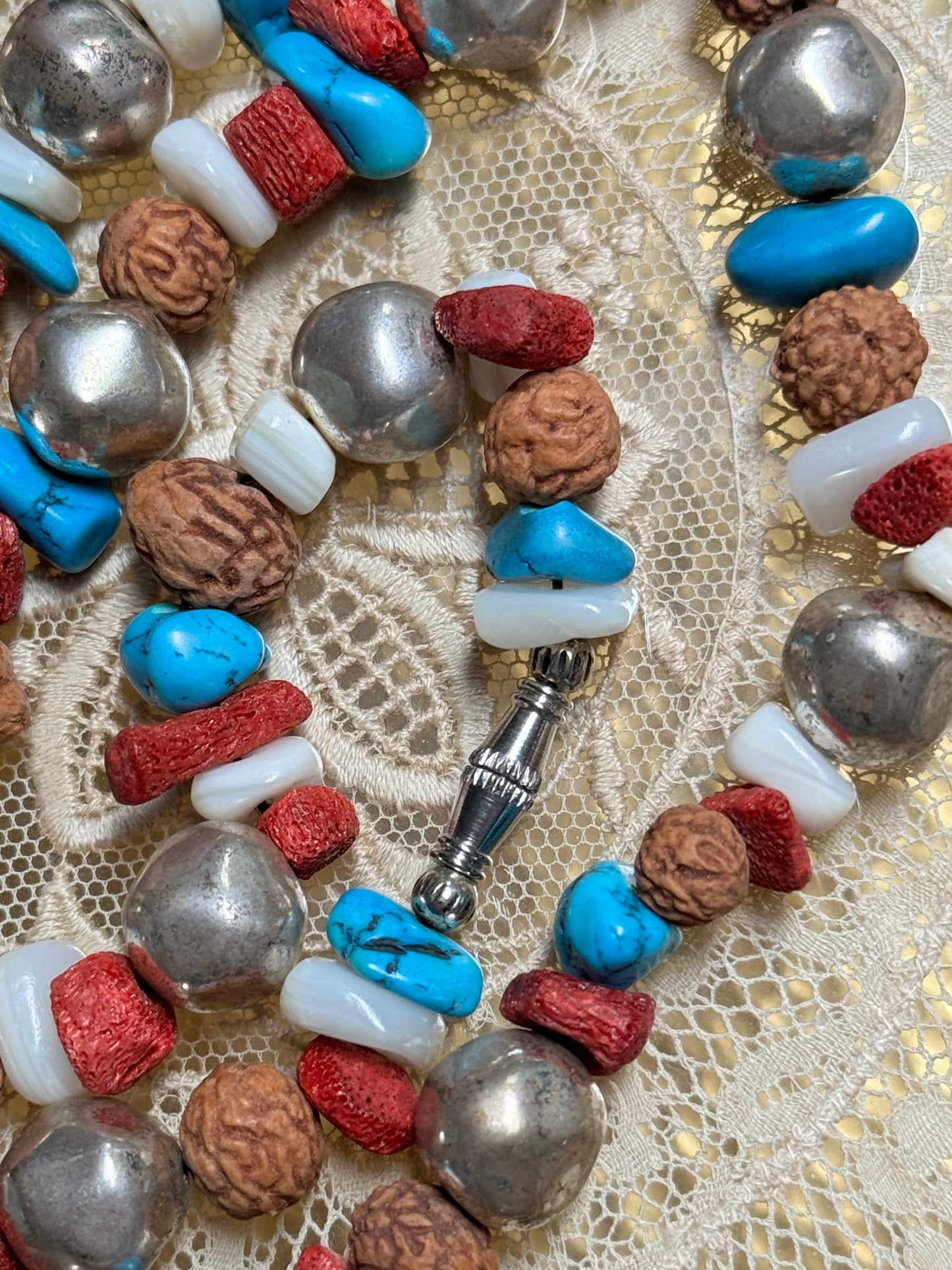 Vintage Turquoise, Red Branch Coral, Mother of Pearl, Silver & Nut Bead Necklace