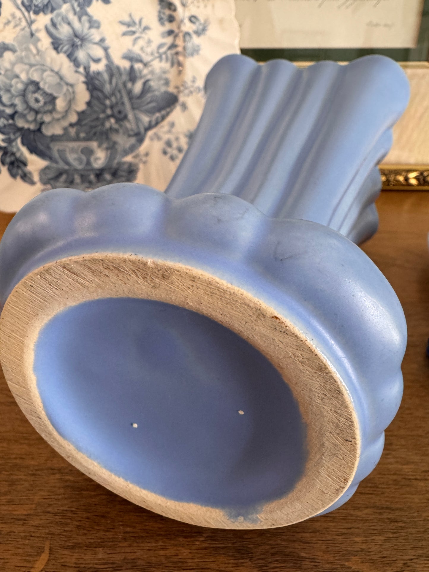 Vintage Blue Pottery Ribbed Vase