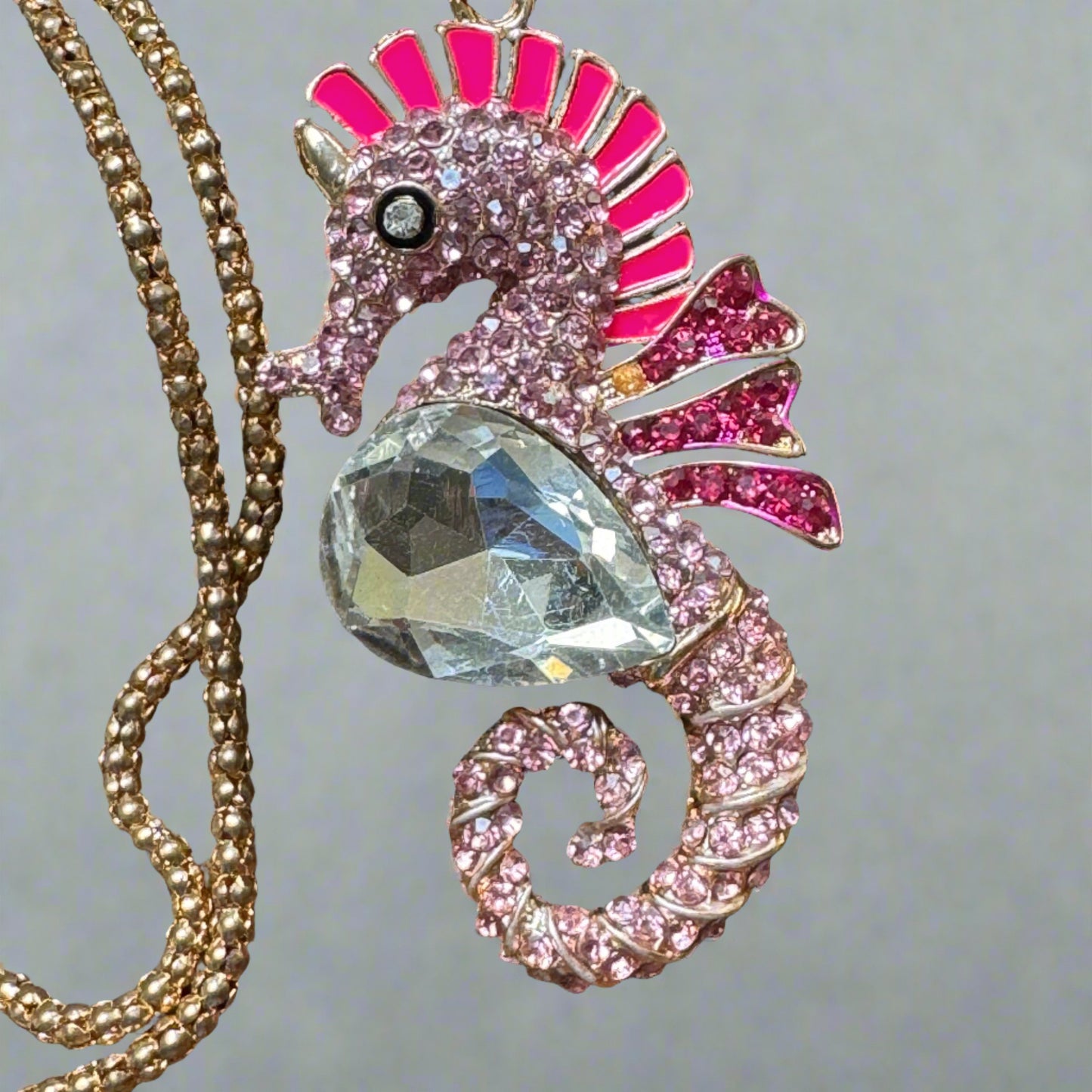 Betsy Johnson Pink Enamel Rhinestone Seahorse Pendant Necklace