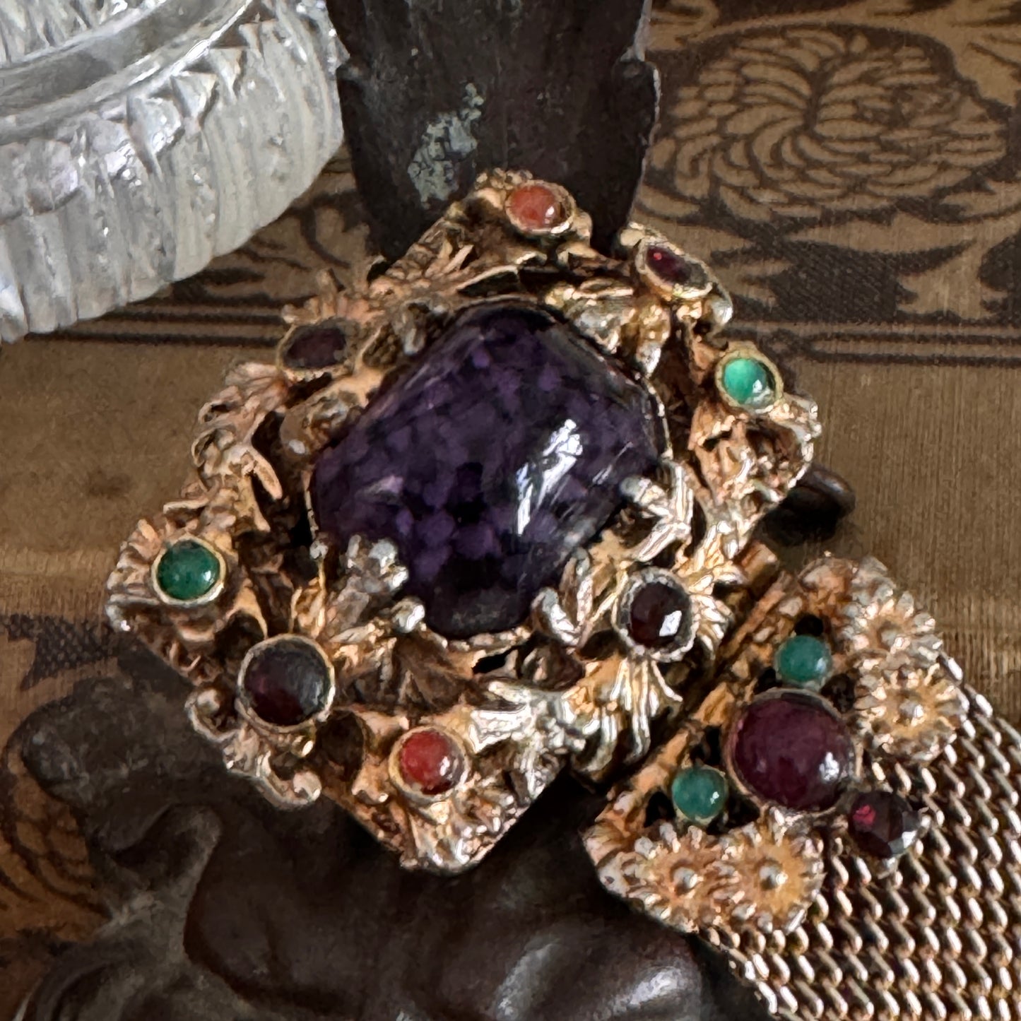 Vintage Czech Regal Purple Art Glass Cabochon Mesh Bracelet