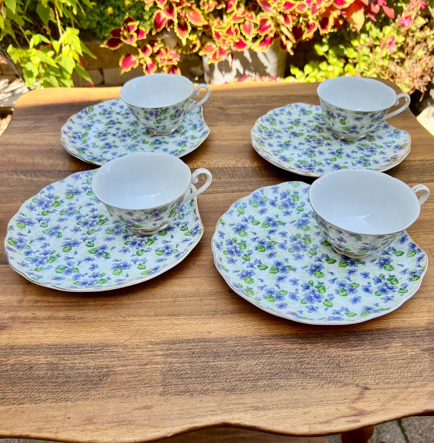 4 Vintage Lefton Hand Painted Bone China Violet Chintz Cup & Snack Plate Sets