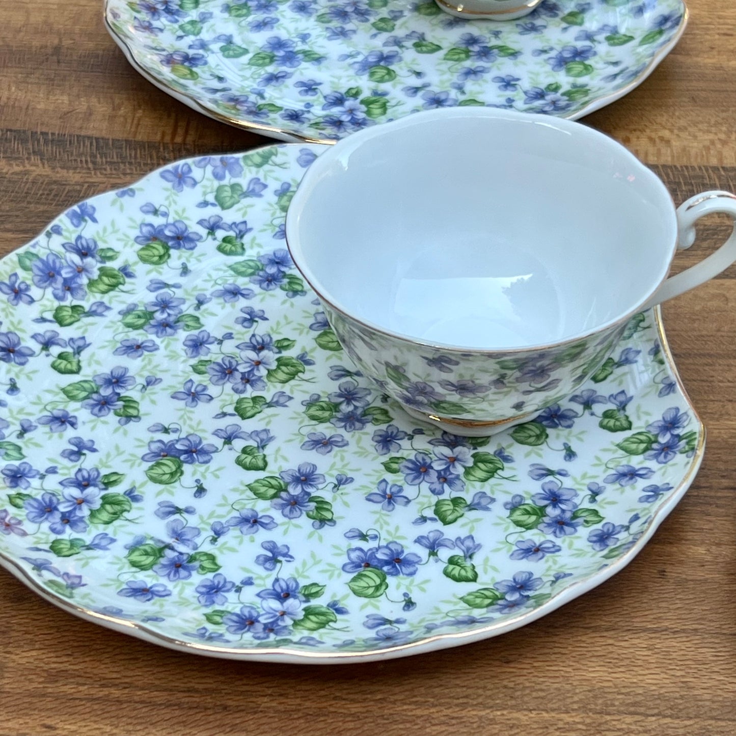 4 Vintage Lefton Hand Painted Bone China Violet Chintz Cup & Snack Plate Sets