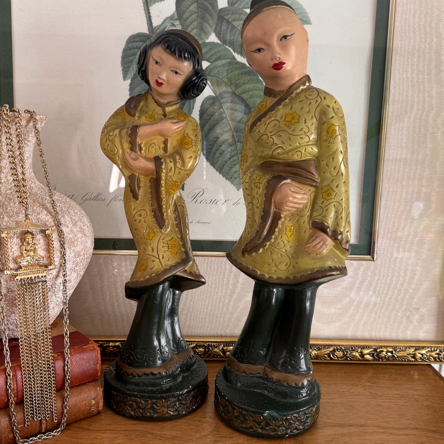 1948 Asian Chalkware Man & Woman Figurines