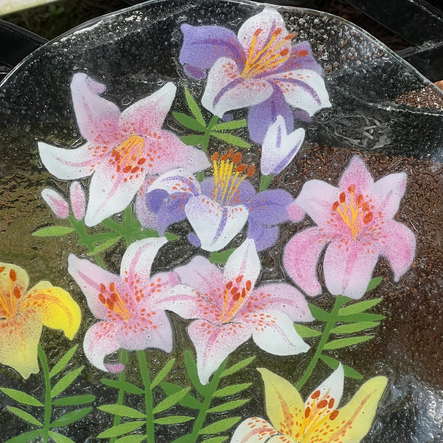 Fused Art Glass Lillies Ruffled Edge Round Serving Plate