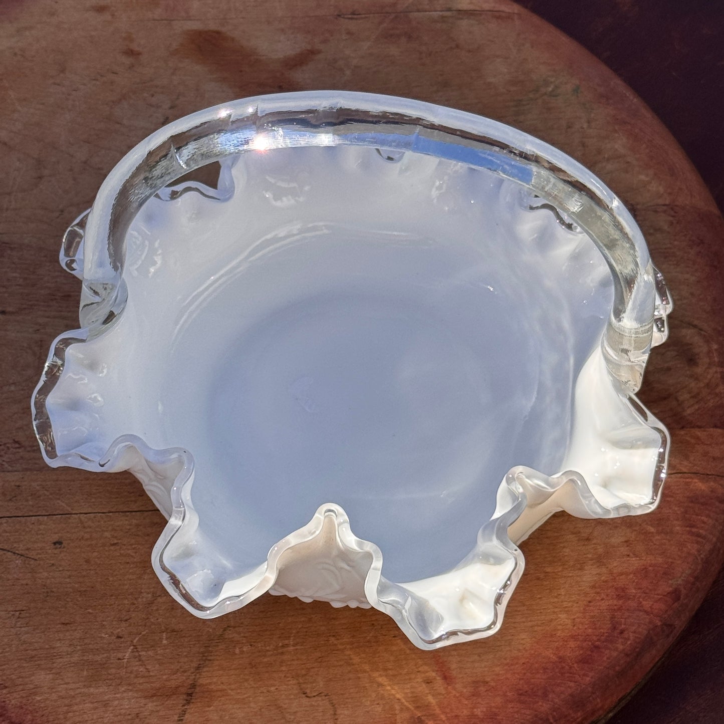 Vintage Fenton White Ruffled Silver Crest Spanish Lace Glass Basket