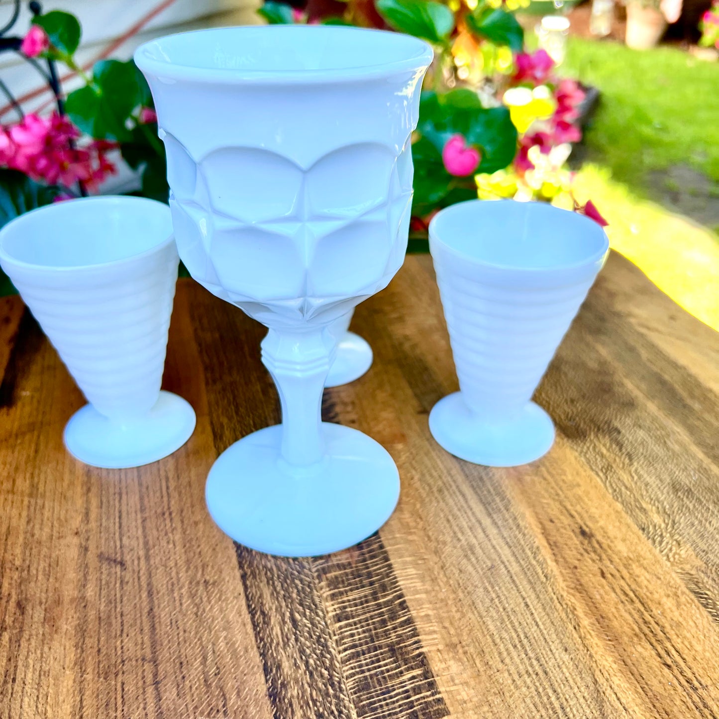 Indiana Constellation Milk Glass Goblet & Three Moderntone Platonic Glasses
