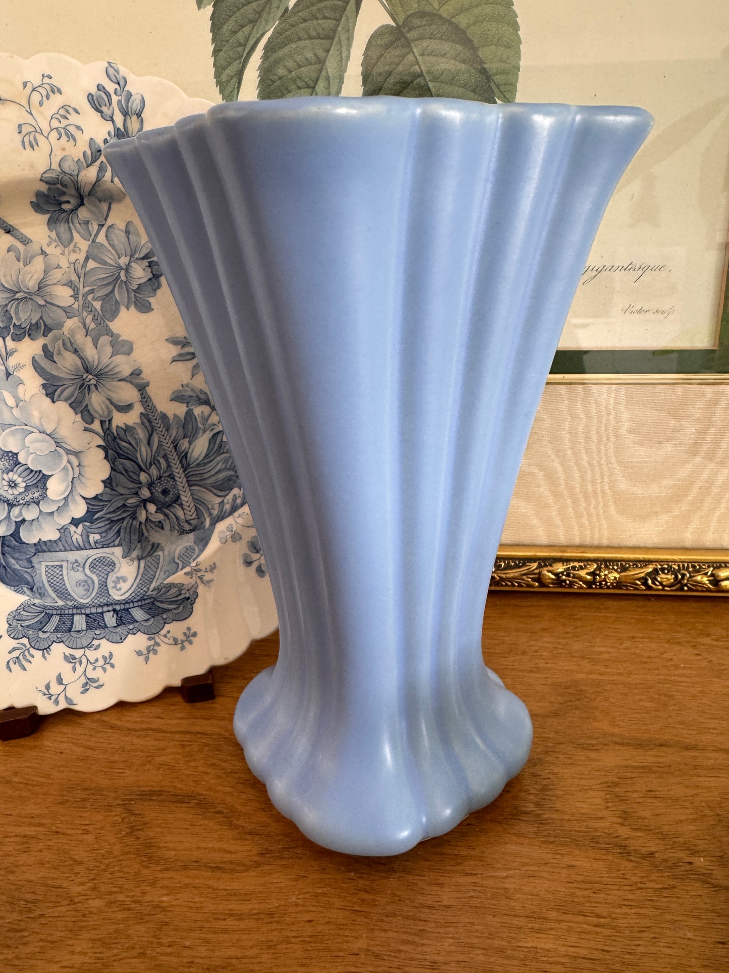 Vintage Blue Pottery Ribbed Vase