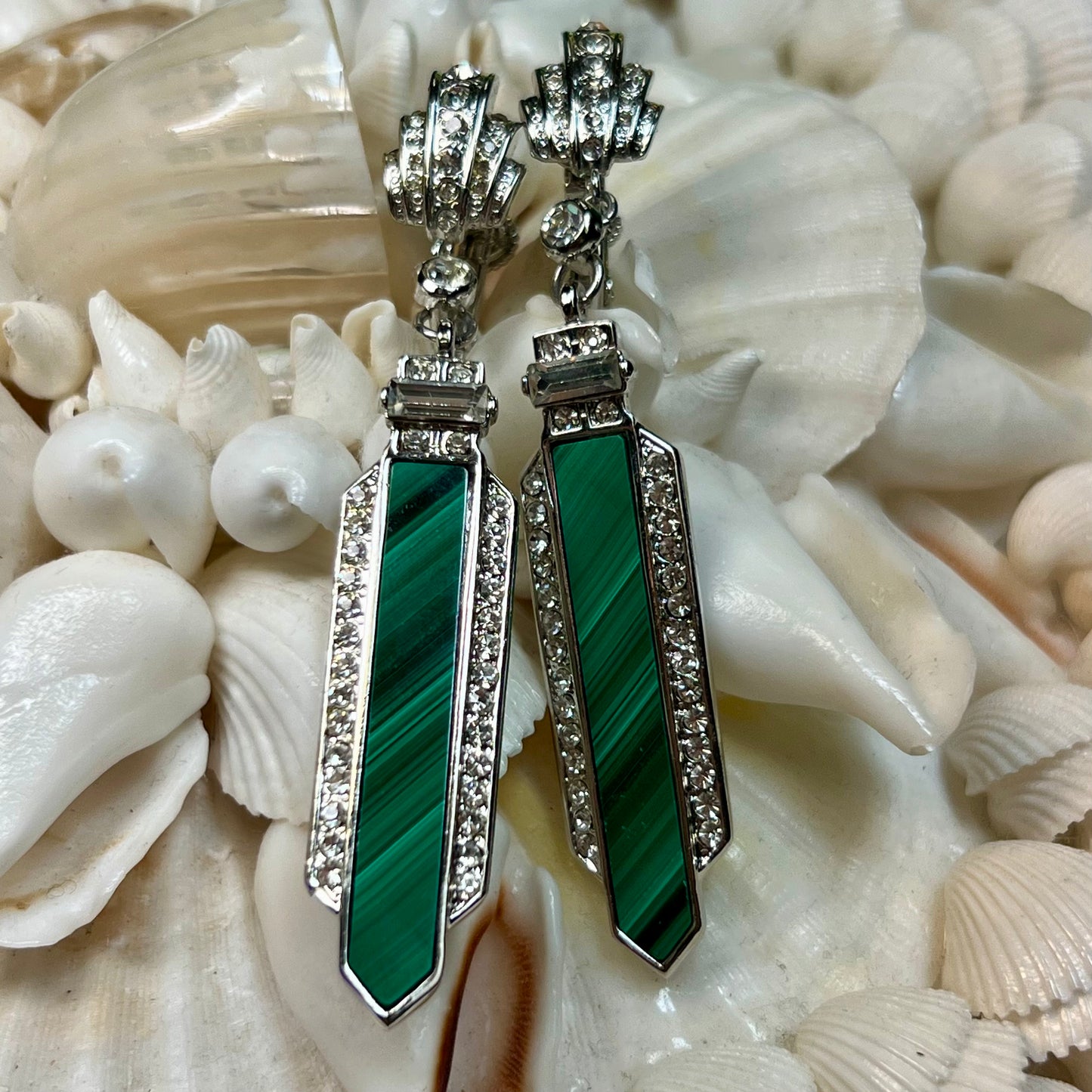 Vintage Yamada Tokyo Malachite & Rhinestone Dangling Earrings