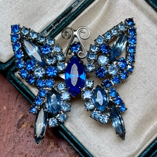 Vintage Juliana D & E Stylized Blue Rhinestone Butterfly Pin