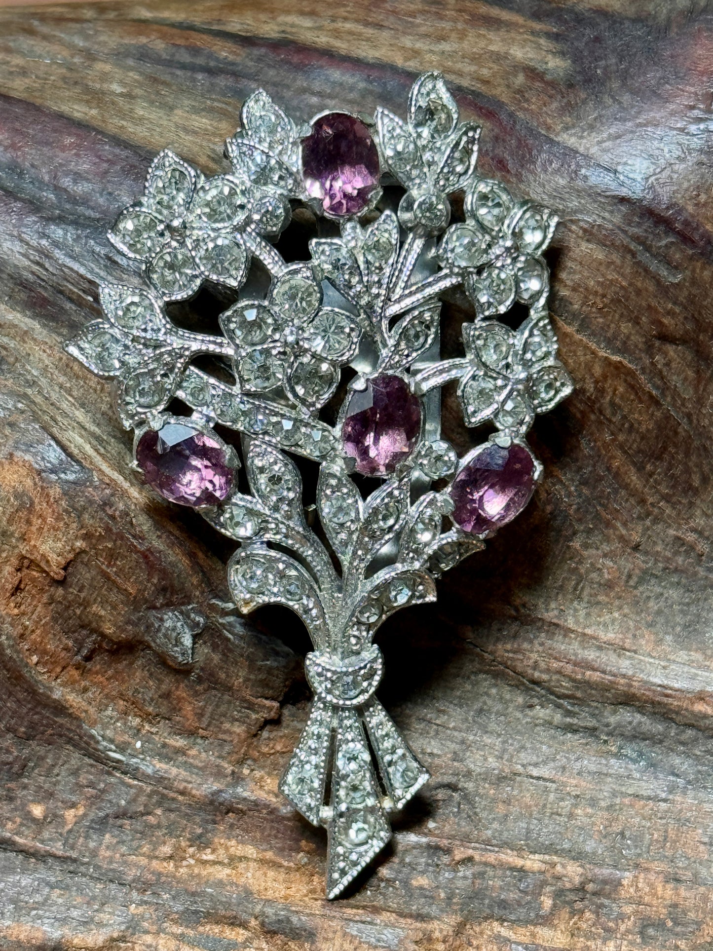 Vintage Floral Bouquet Dress Clip Clear and Soft Purple Rhinestones