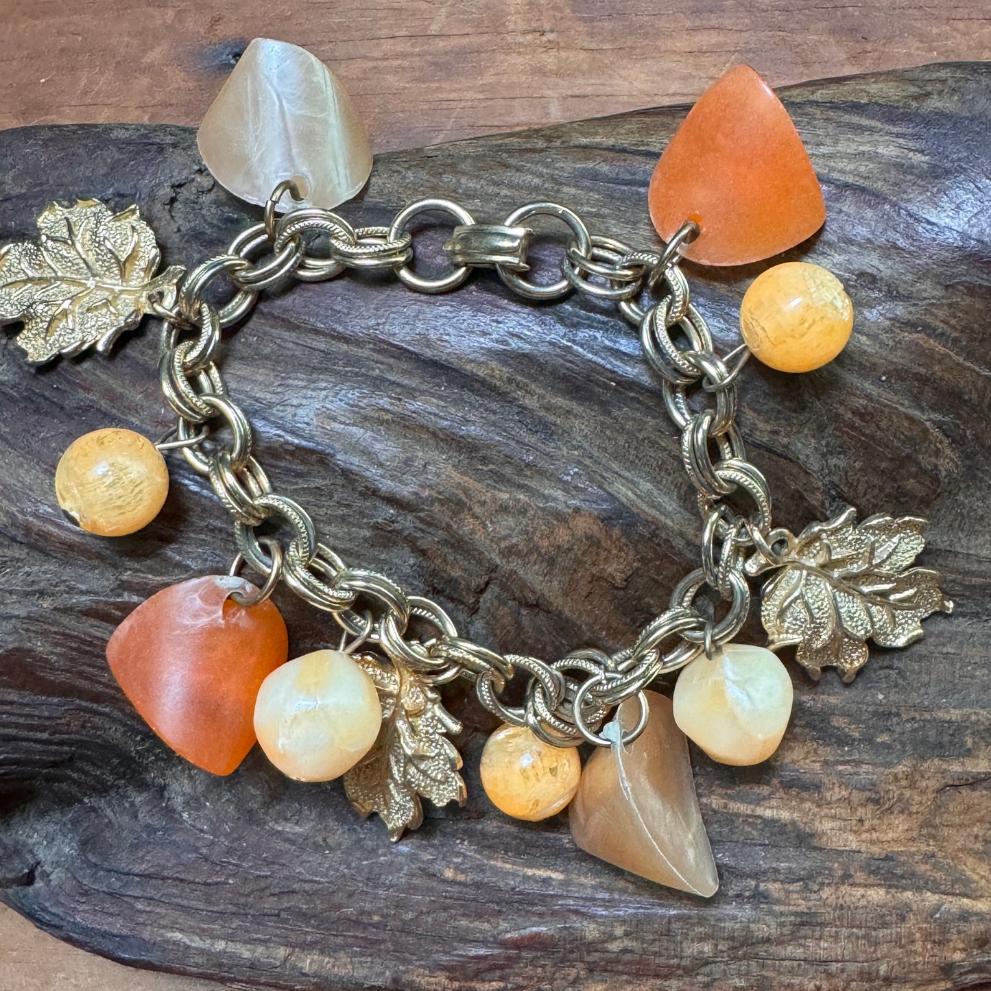 Vintage Chunky Apricot & Soft Peach Lucite Charm Bracelet