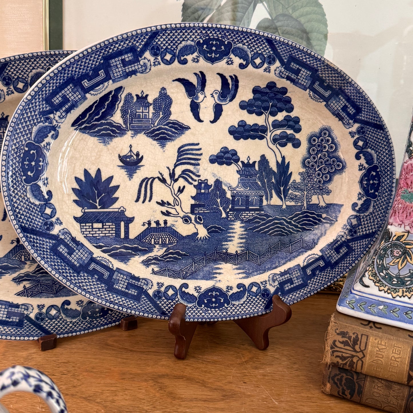 Two Canton Blue Willow Japanese Oval Serving Plates & Ridgways English Creamer