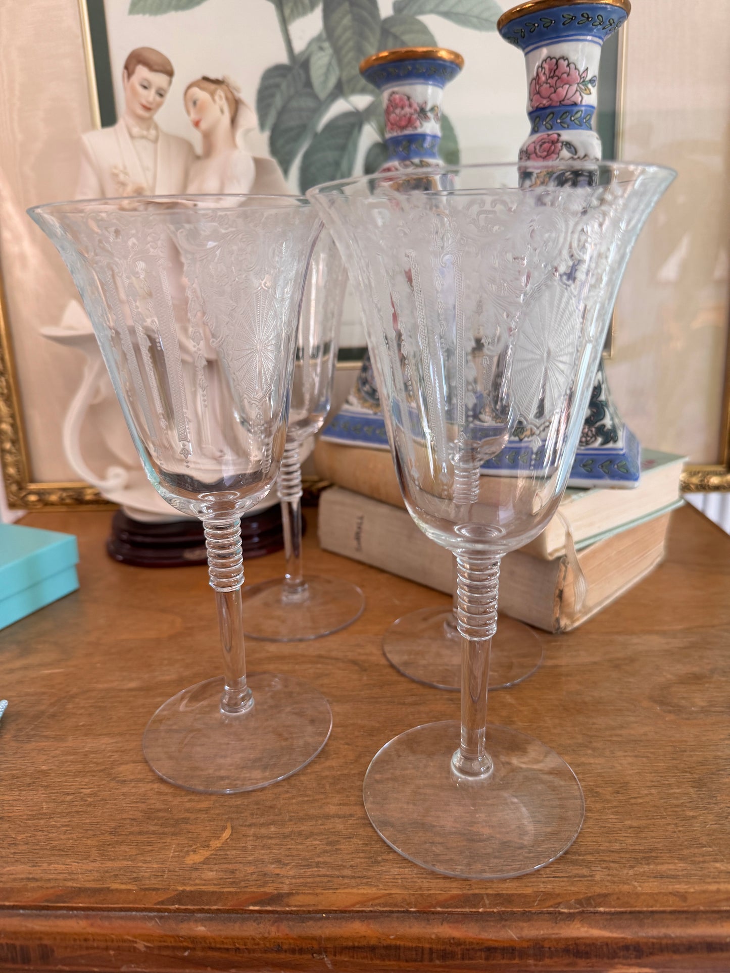 Four Cambridge Glass Candlelight Crystal Water Goblets