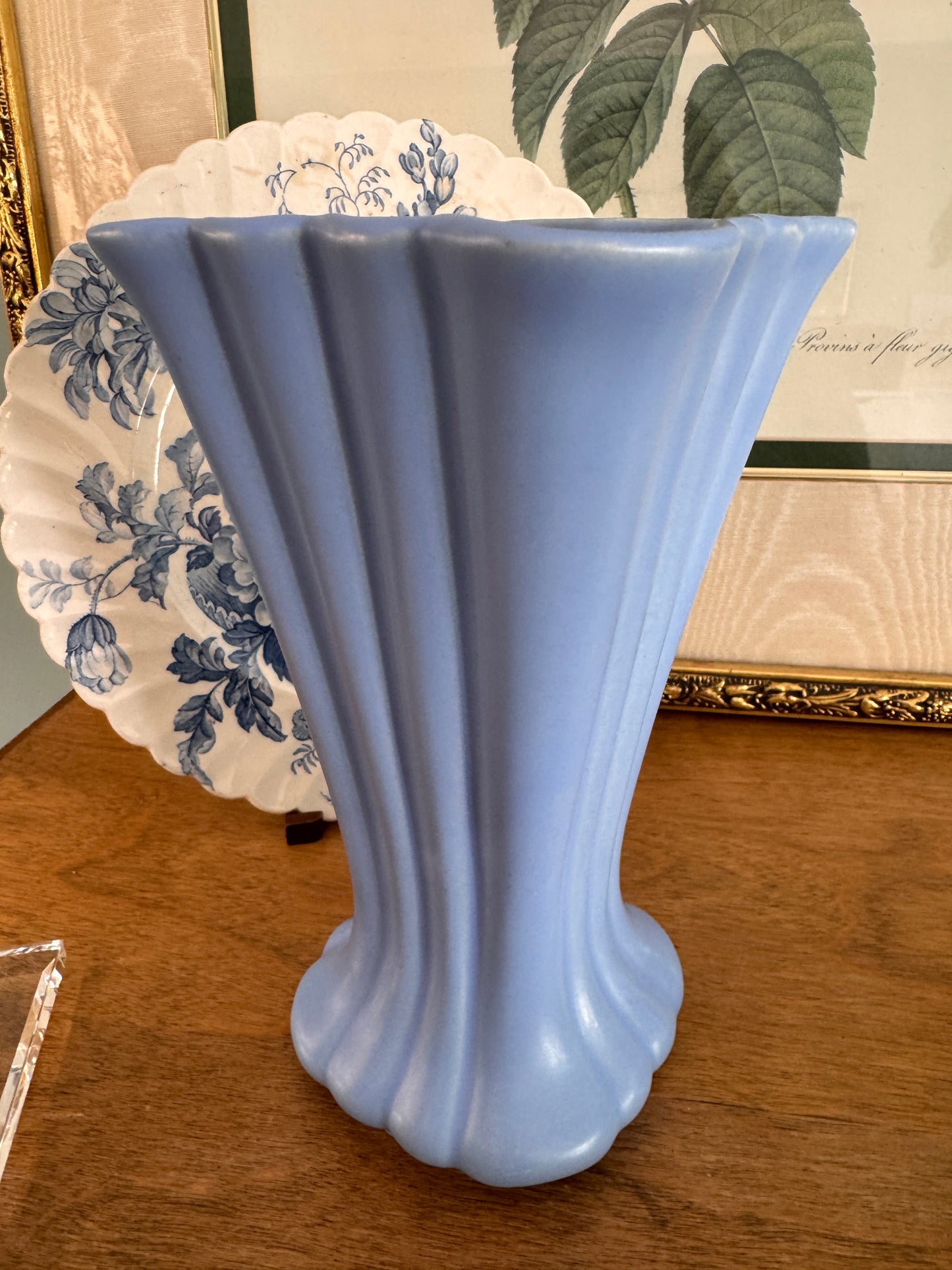 Vintage Blue Pottery Ribbed Vase