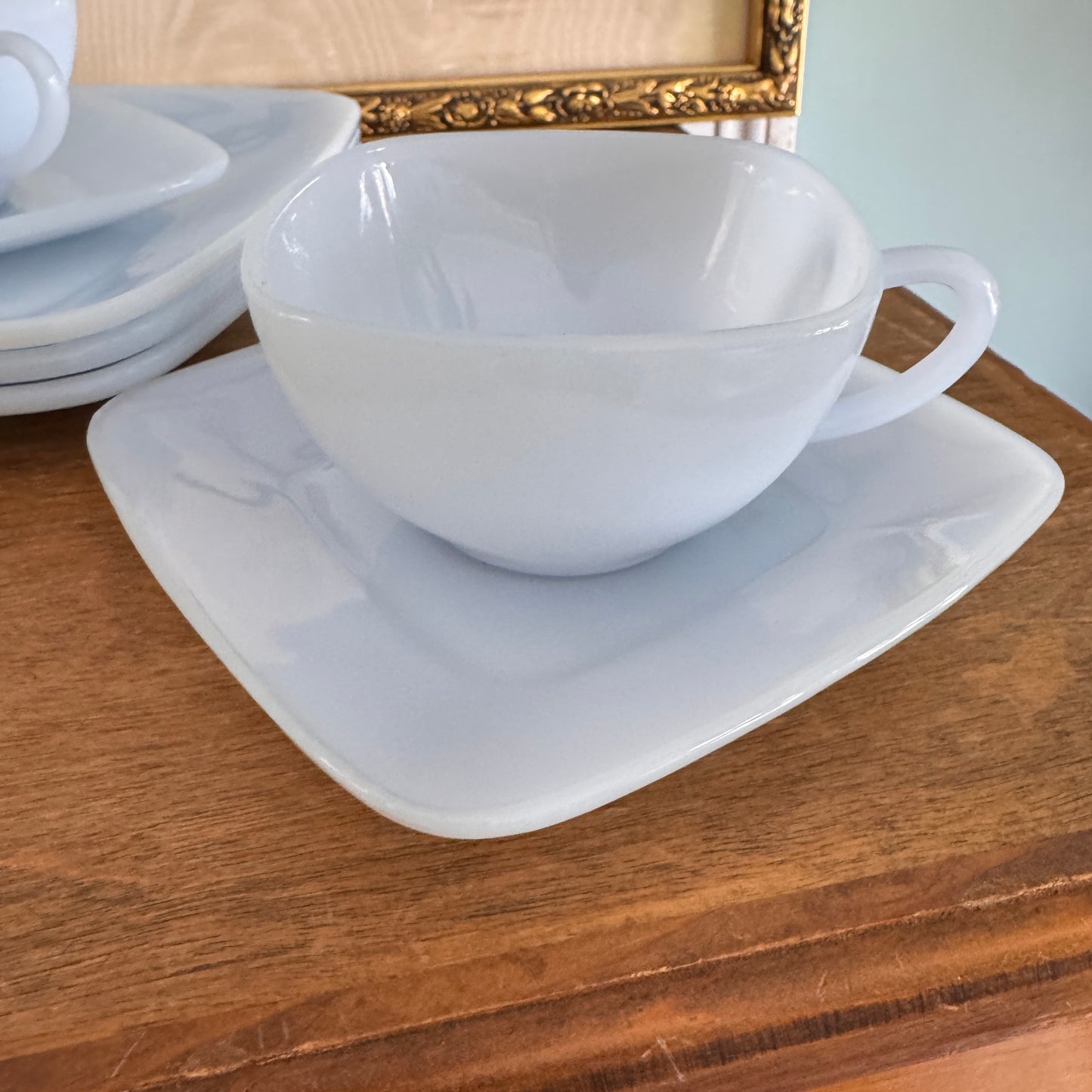 MCM Fire King Blue Azurite Three Tea Cups, Saucers and Salad Plates