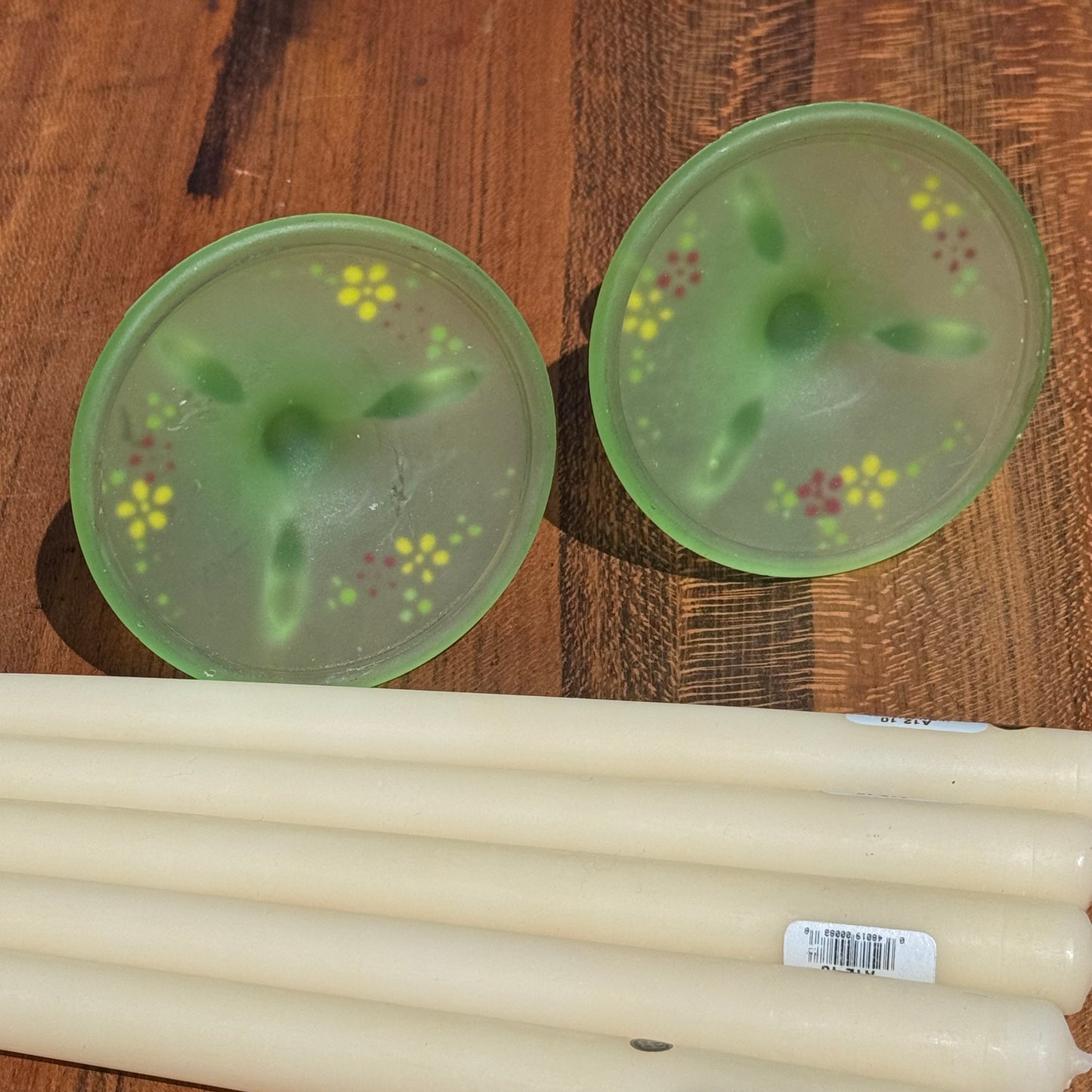 Vintage Pair Westmoreland Frosted Green Satin Uranium Glass Candle Holders and Colonial Candle Tapered Candles