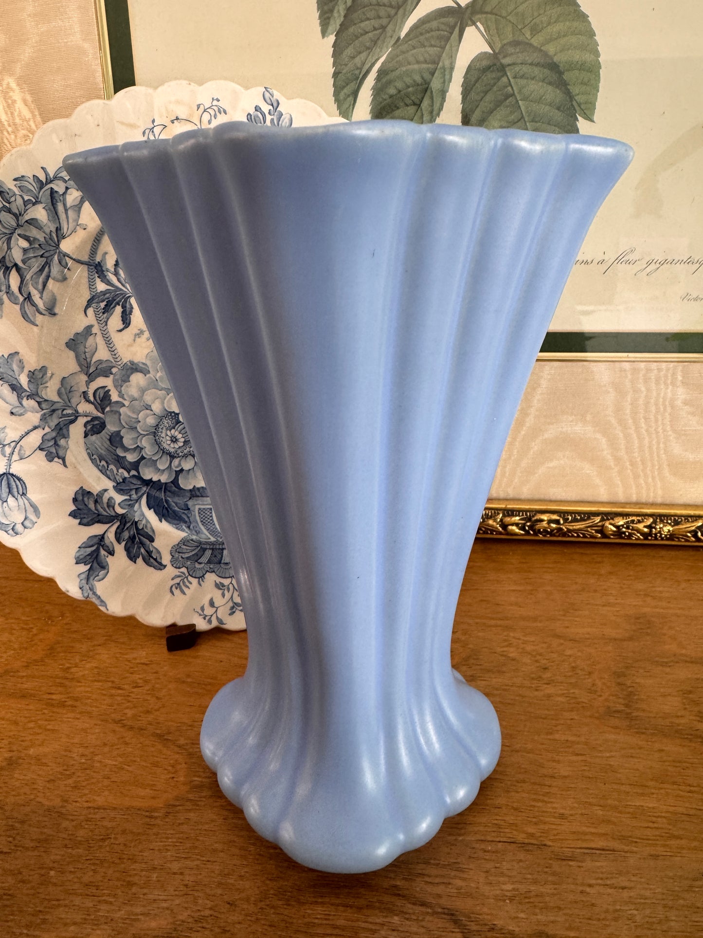 Vintage Blue Pottery Ribbed Vase
