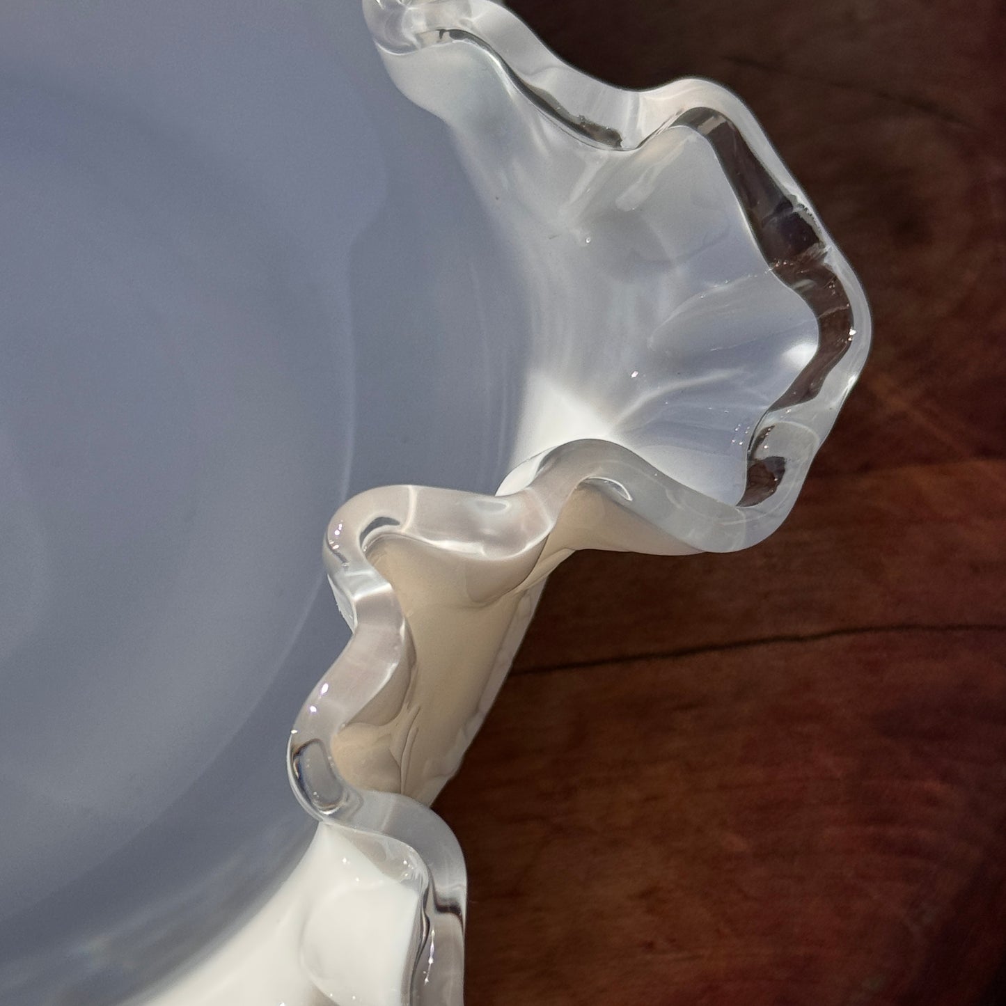 Vintage Fenton White Ruffled Silver Crest Spanish Lace Glass Basket