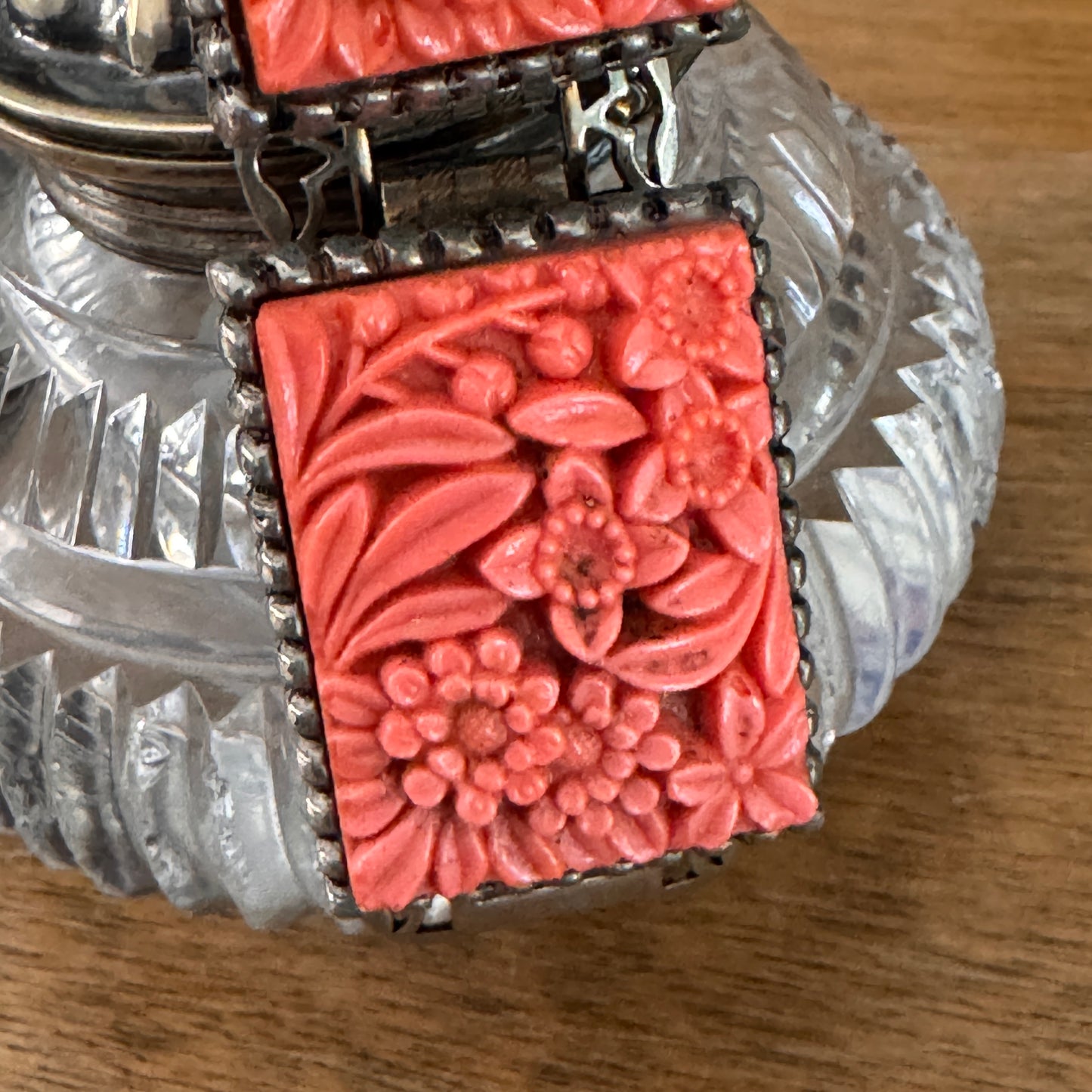 Vintage Hefty Coral Hued Floral Chunky Celluloid Linked Book Chain Bracelet