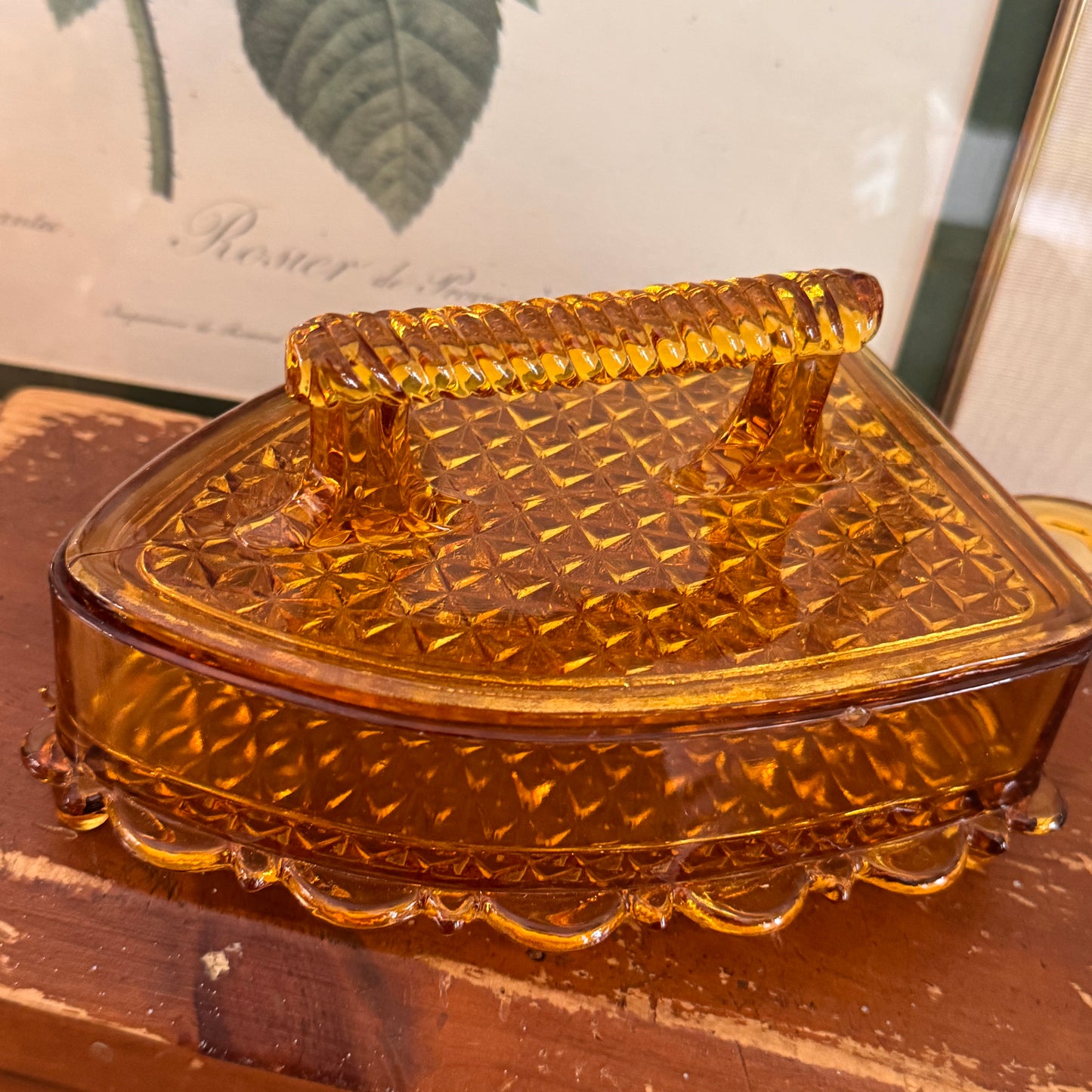 Vintage L.G. Wright Amber Hued Lidded Flat Iron Depression Glass Candy Dish
