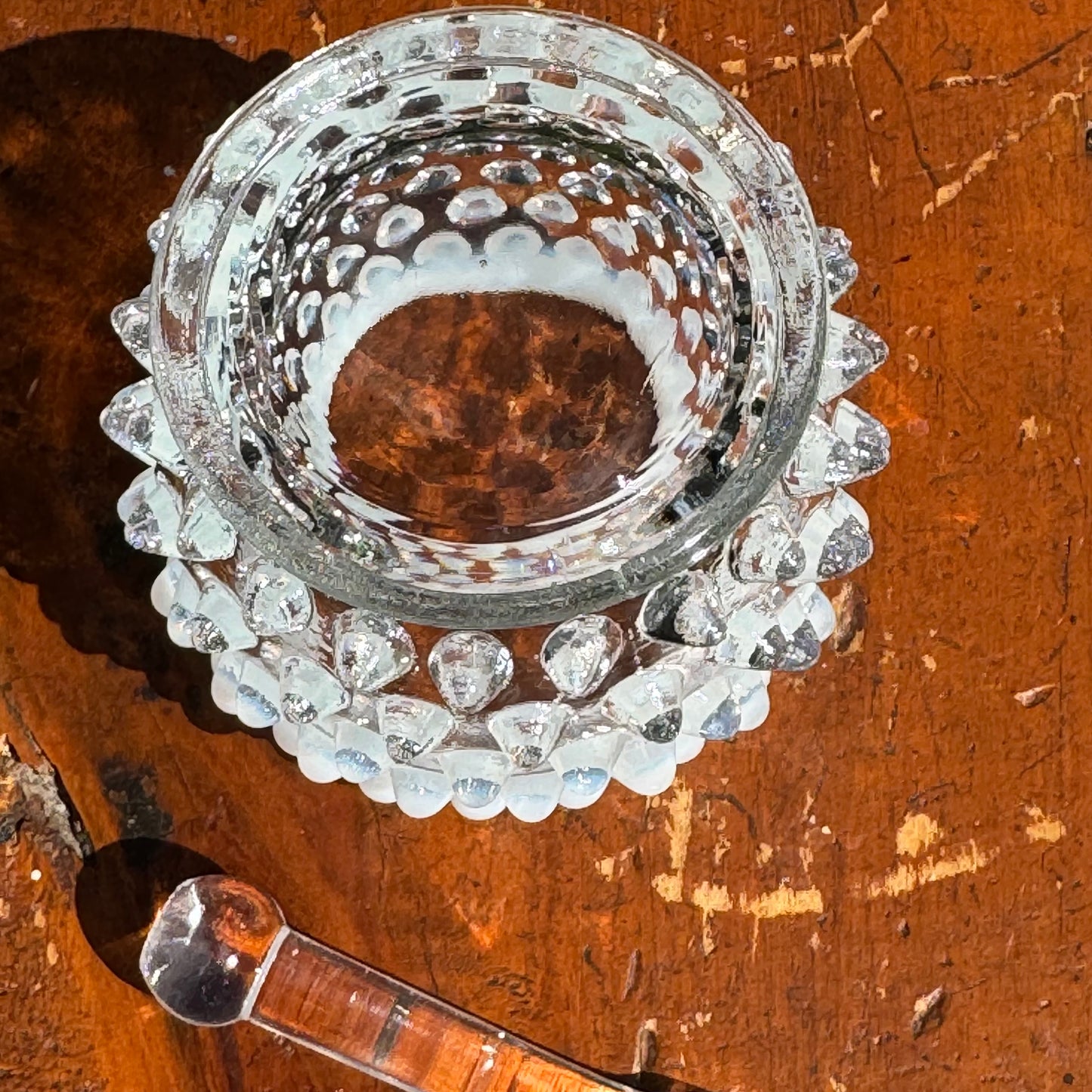 Fenton Hobnail Opalescent Moonstone Covered Jam, Jelly Jar or Mustard Jar