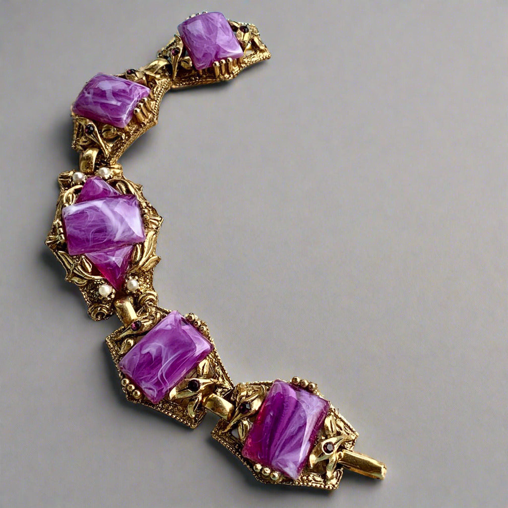 Vintage Selro Sellini Purple & White Plastic Cabochon Bracelet