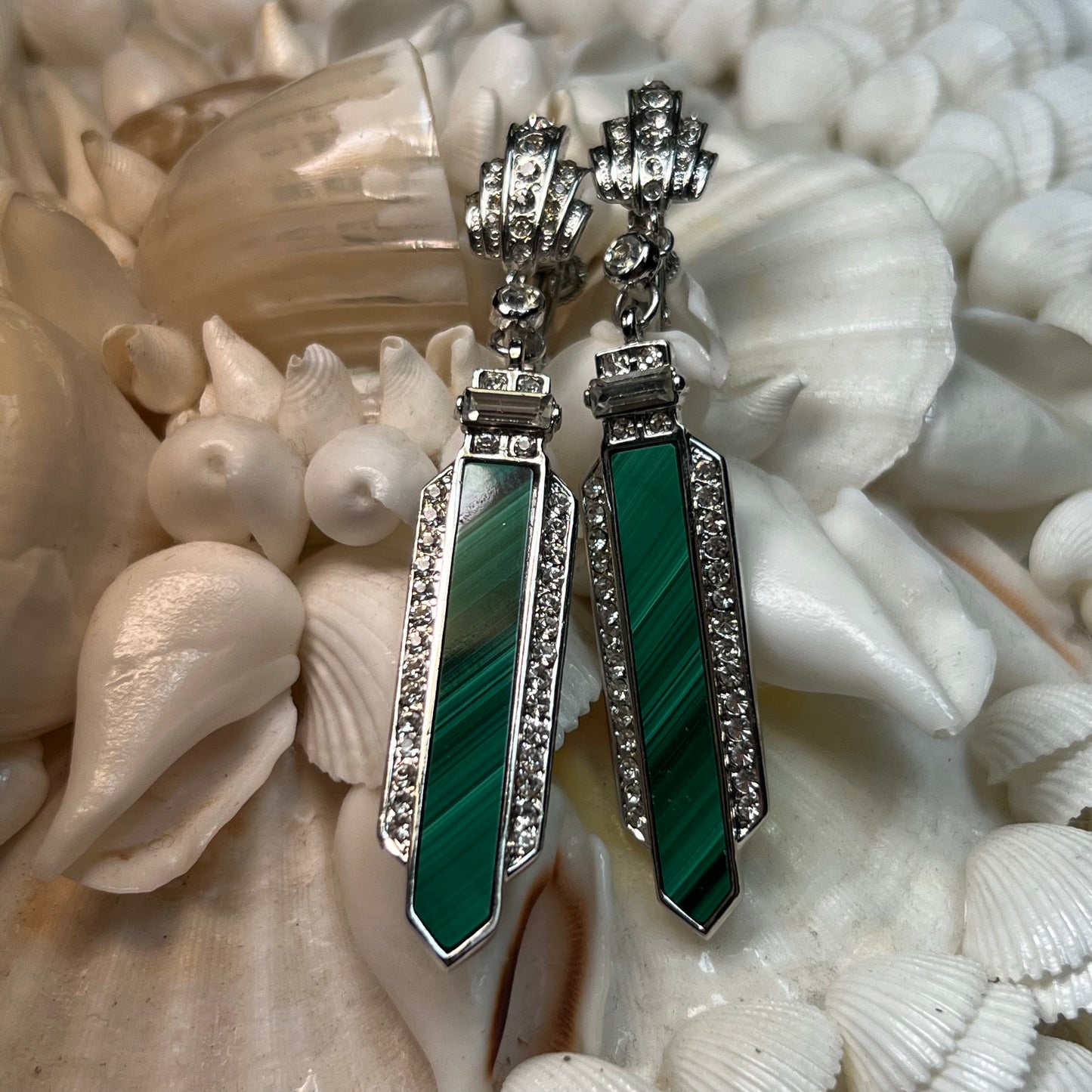 Vintage Yamada Tokyo Malachite & Rhinestone Dangling Earrings