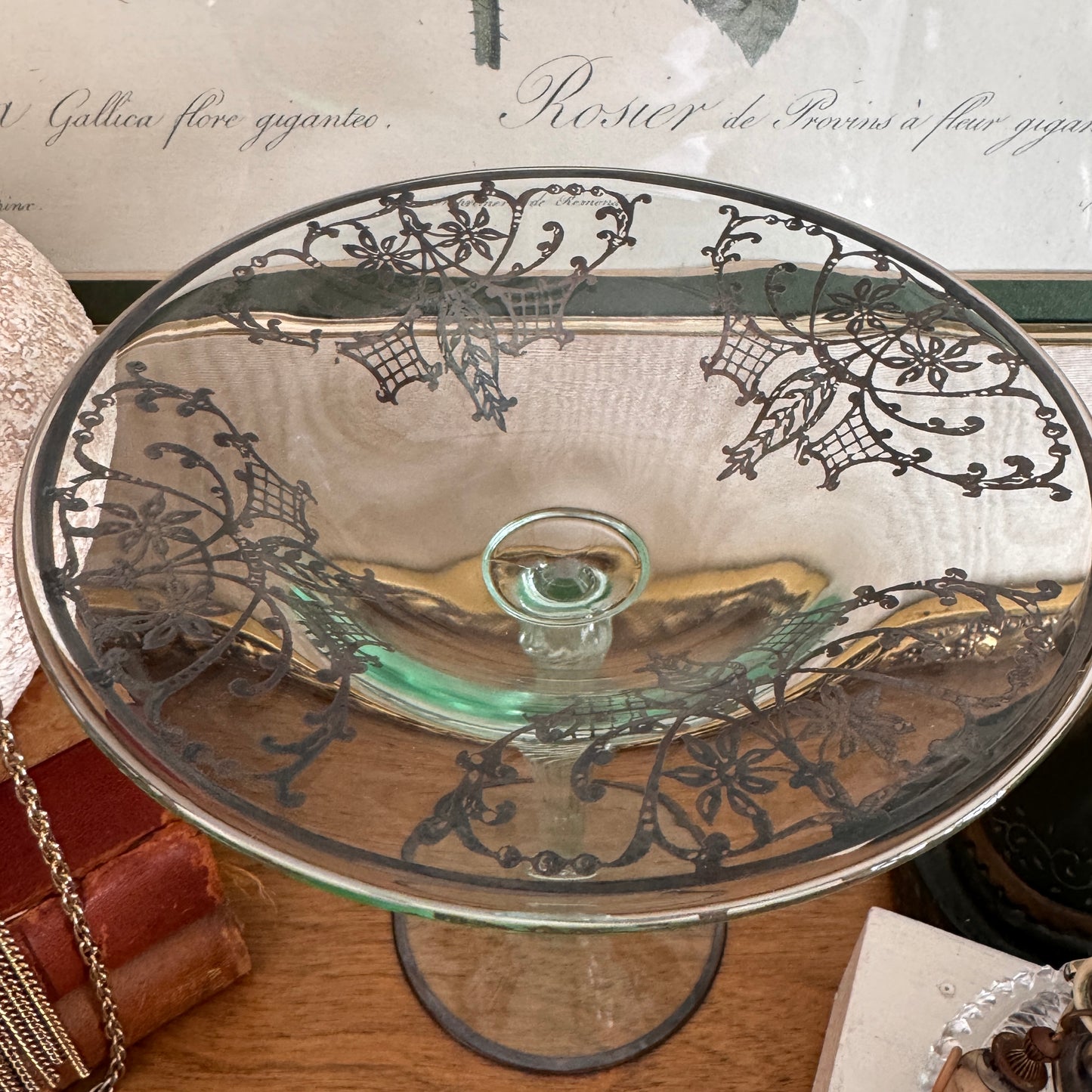 Sterling Silver Overlay Pedestal Green Glass Compote