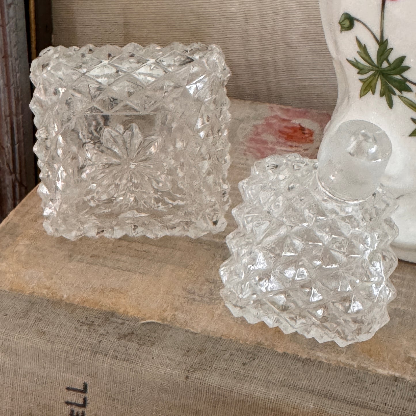 Vintage Diamond Pattern Glass Perfume Bottle and Stopper