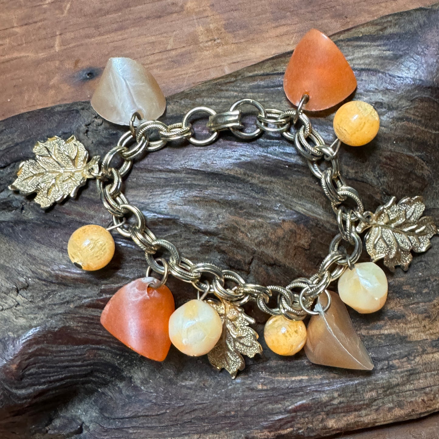 Vintage Chunky Apricot & Soft Peach Lucite Charm Bracelet