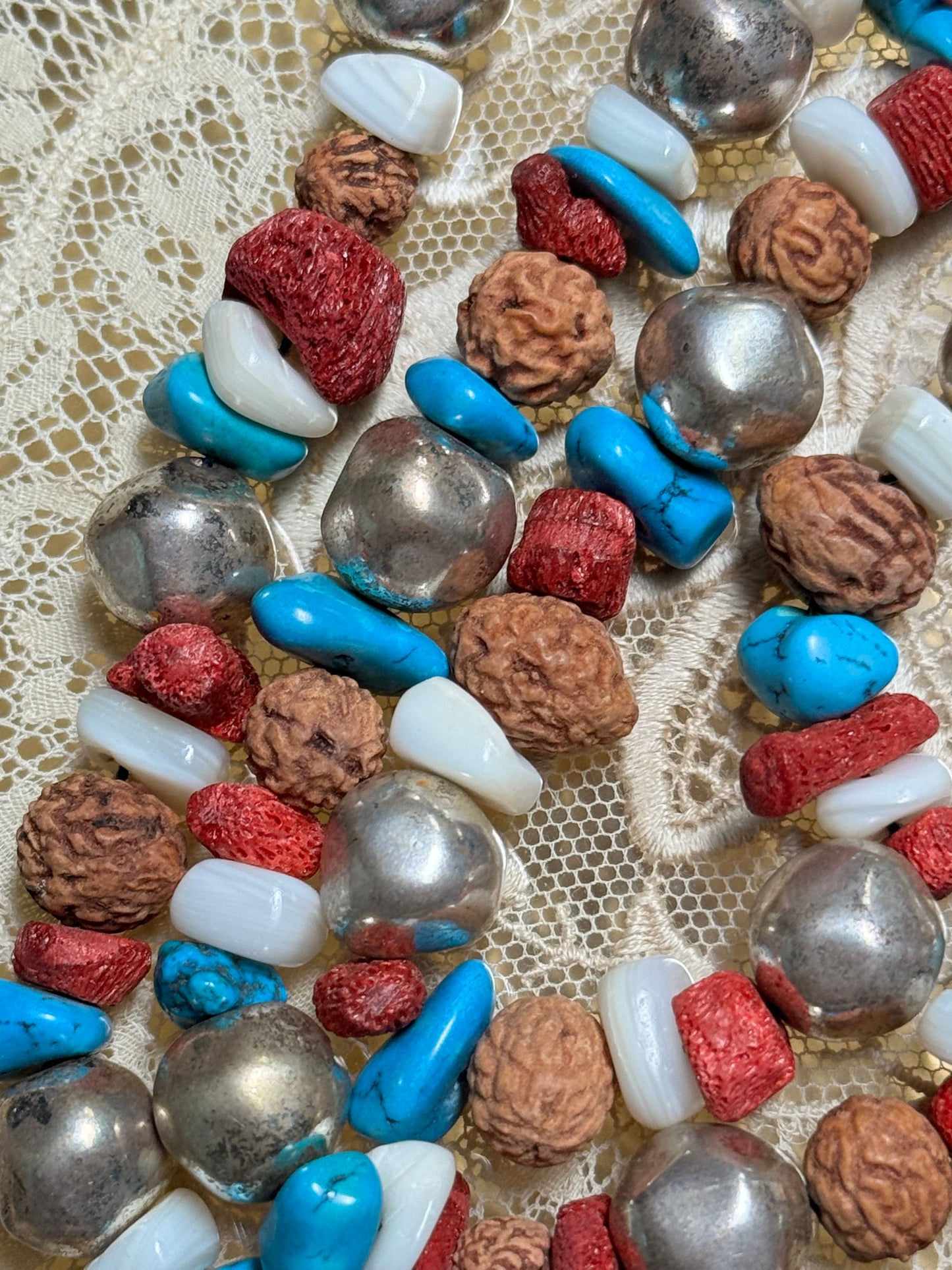 Vintage Turquoise, Red Branch Coral, Mother of Pearl, Silver & Nut Bead Necklace