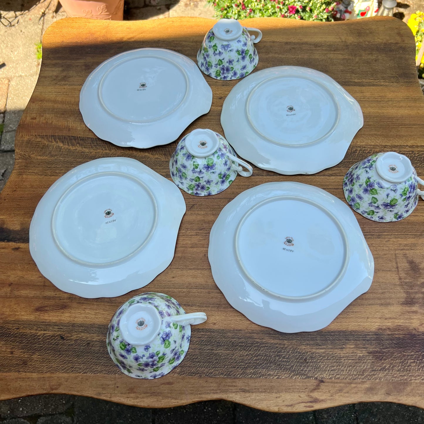 4 Vintage Lefton Hand Painted Bone China Violet Chintz Cup & Snack Plate Sets