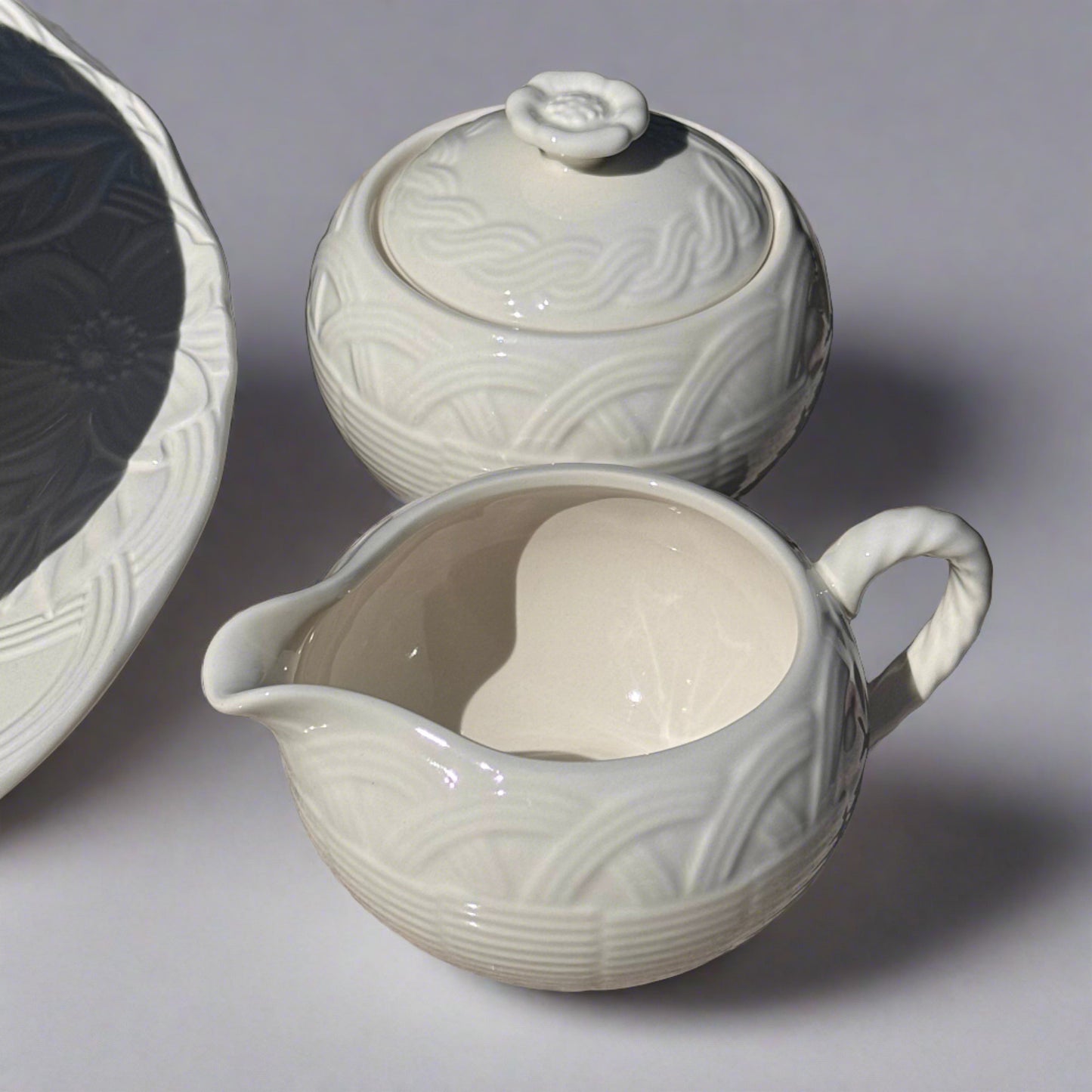 Mikasa Japanese Flower Basket White Vegetable Bowl,Serving Platter, Cream & Covered Sugar Bowl