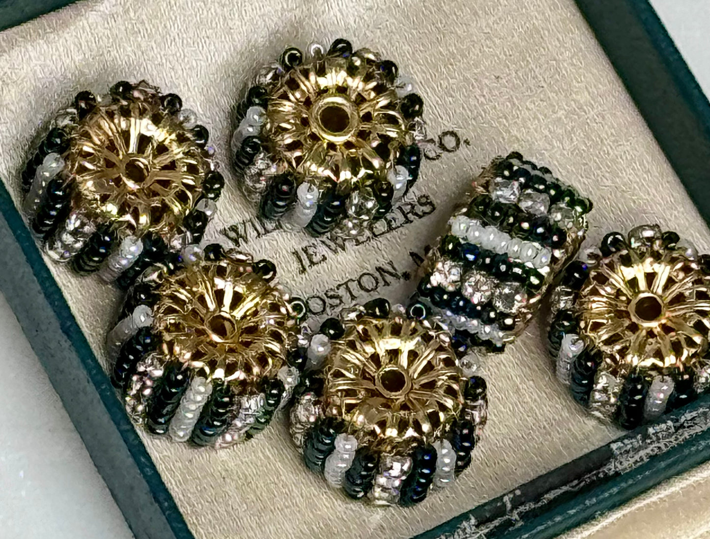 Six Vintage Vendome Glass Pearl & Flat Back Rhinestone Rondels