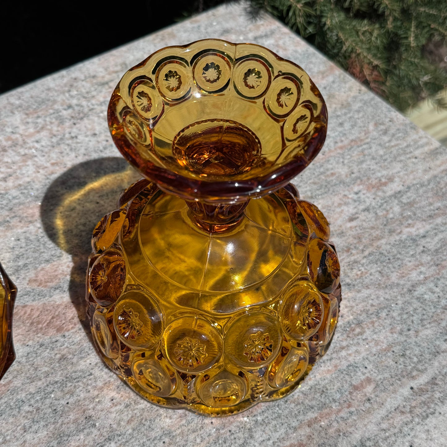 Vintage L. E. Smith Soft Topaz Moon and Stars Pedestal Covered Candy Dish