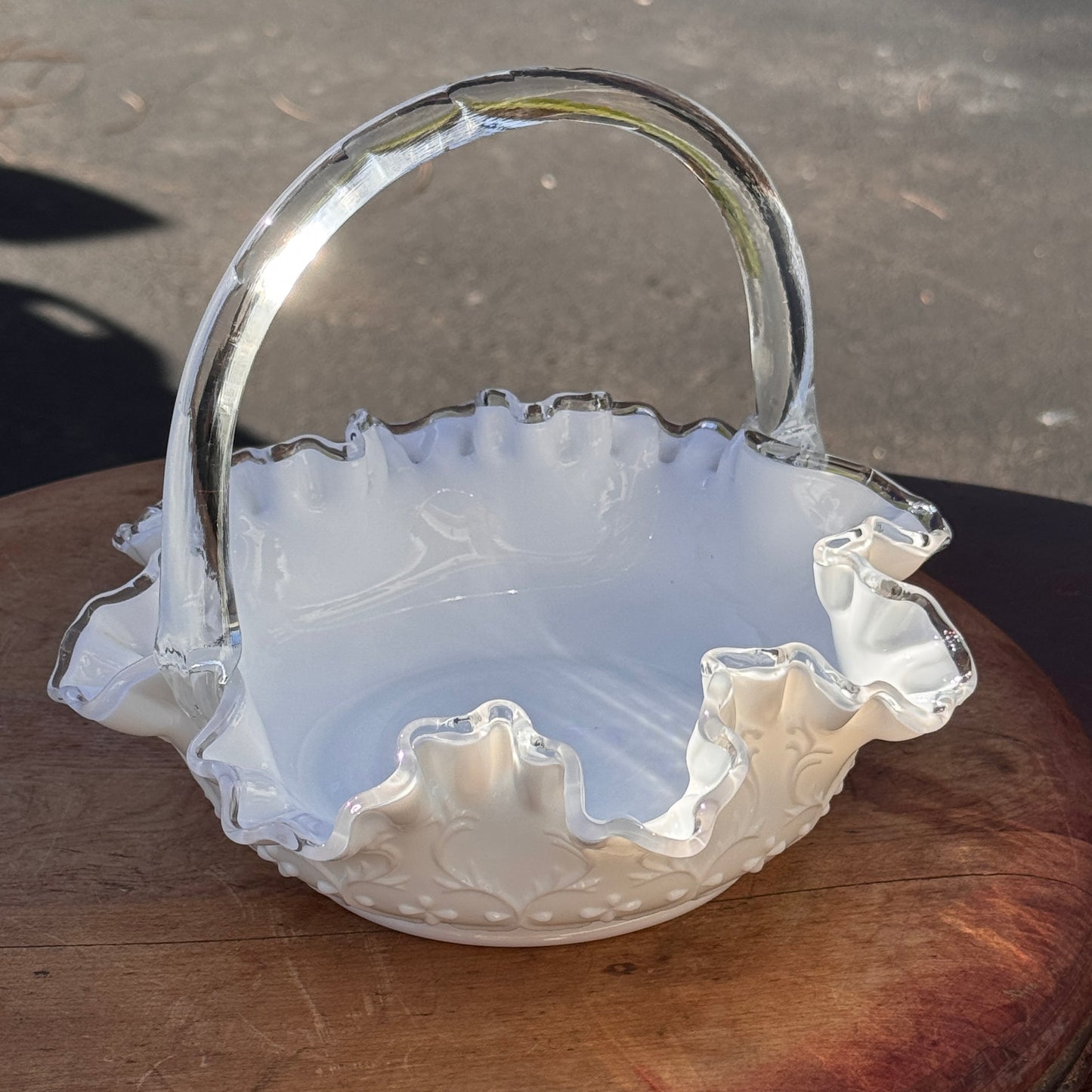 Vintage Fenton White Ruffled Silver Crest Spanish Lace Glass Basket