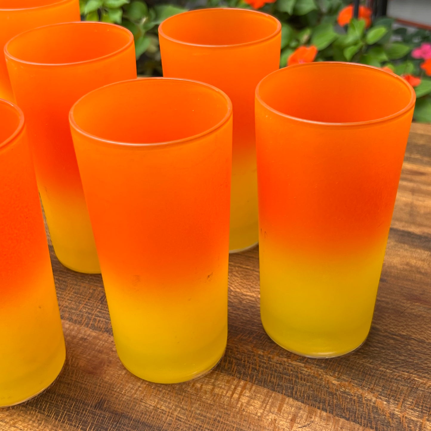 Eight Mid Century Modern Yellow & Orange Candy Corn Beverage Glasses