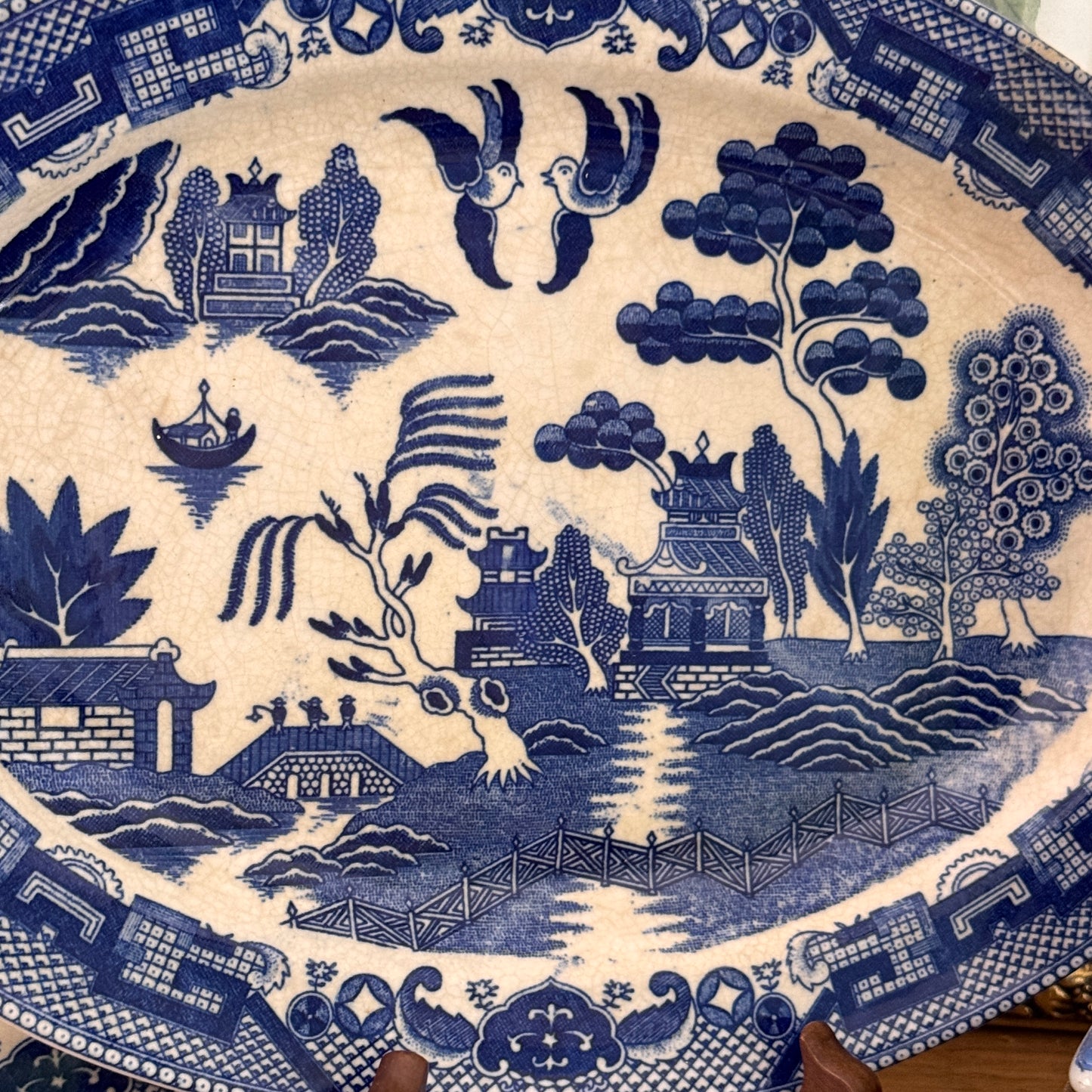 Two Canton Blue Willow Japanese Oval Serving Plates & Ridgways English Creamer