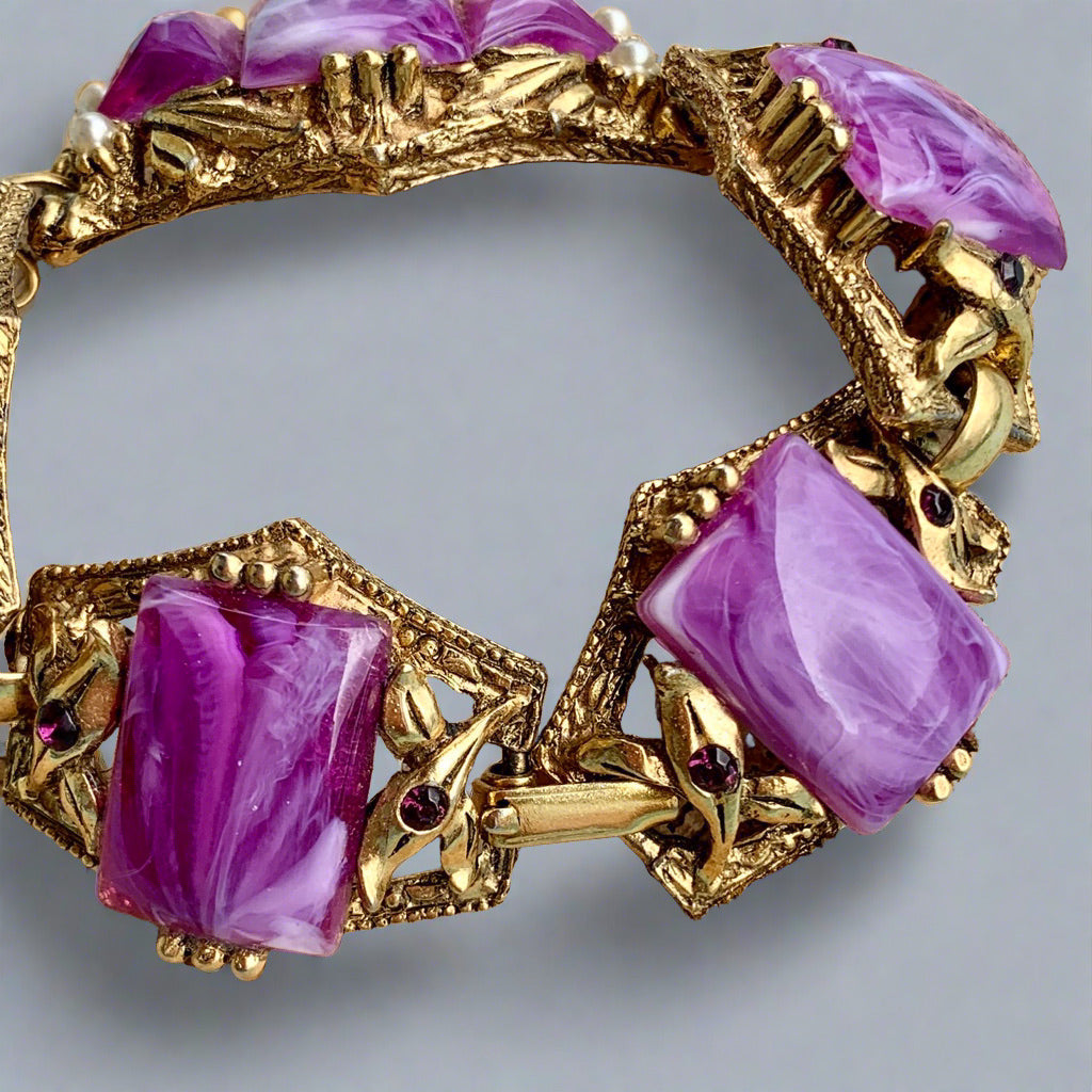 Vintage Selro Sellini Purple & White Plastic Cabochon Bracelet