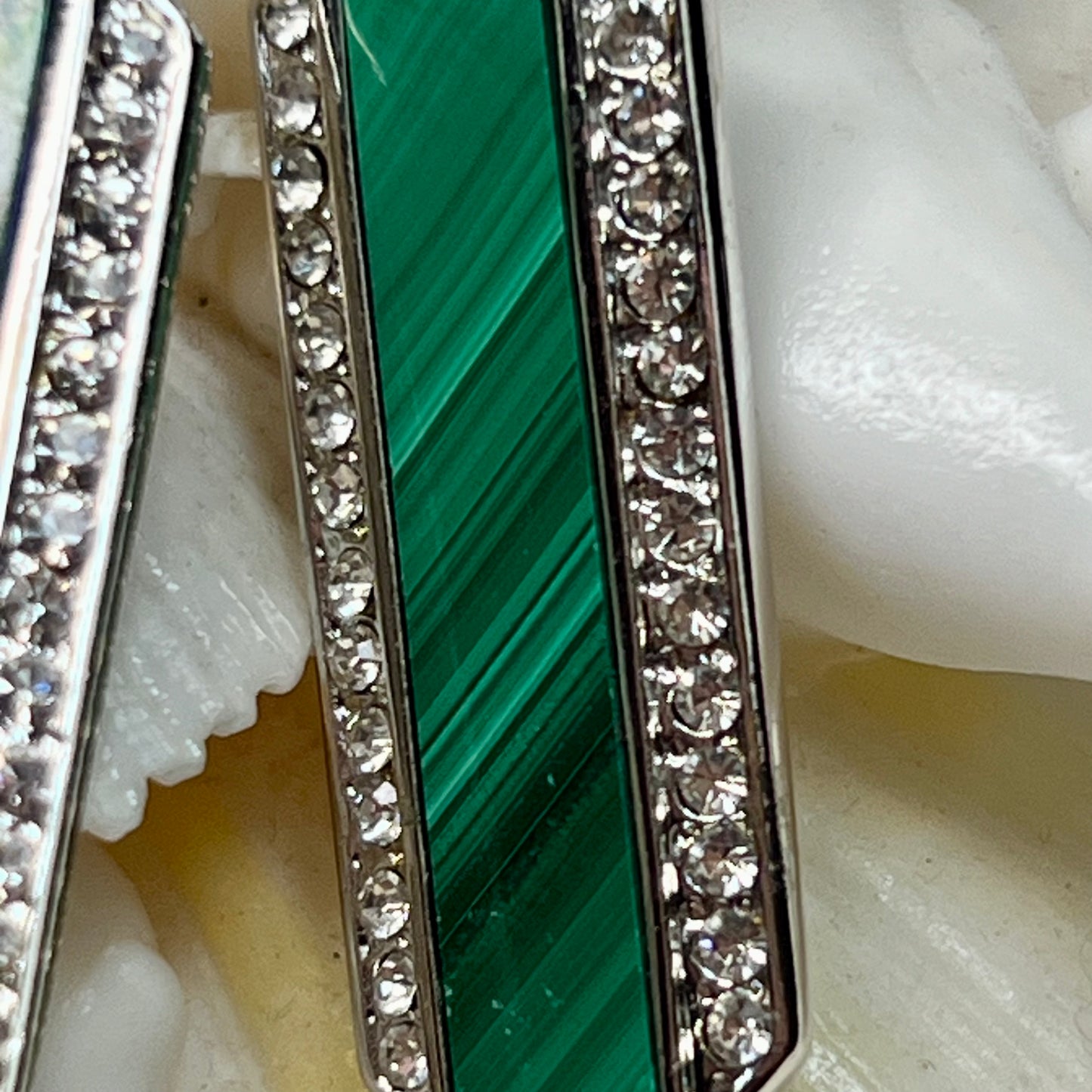 Vintage Yamada Tokyo Malachite & Rhinestone Dangling Earrings