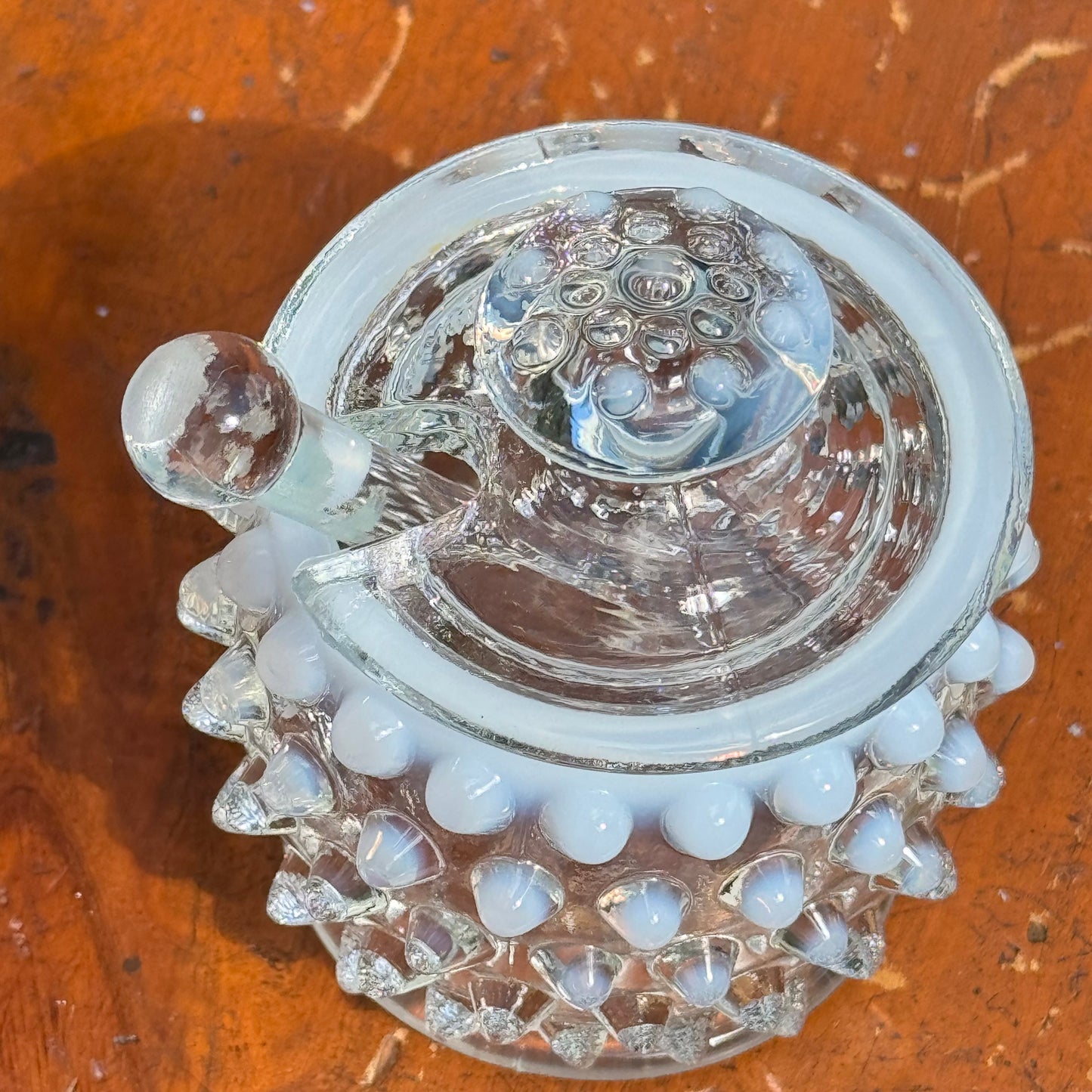 Fenton Hobnail Opalescent Moonstone Covered Jam, Jelly Jar or Mustard Jar