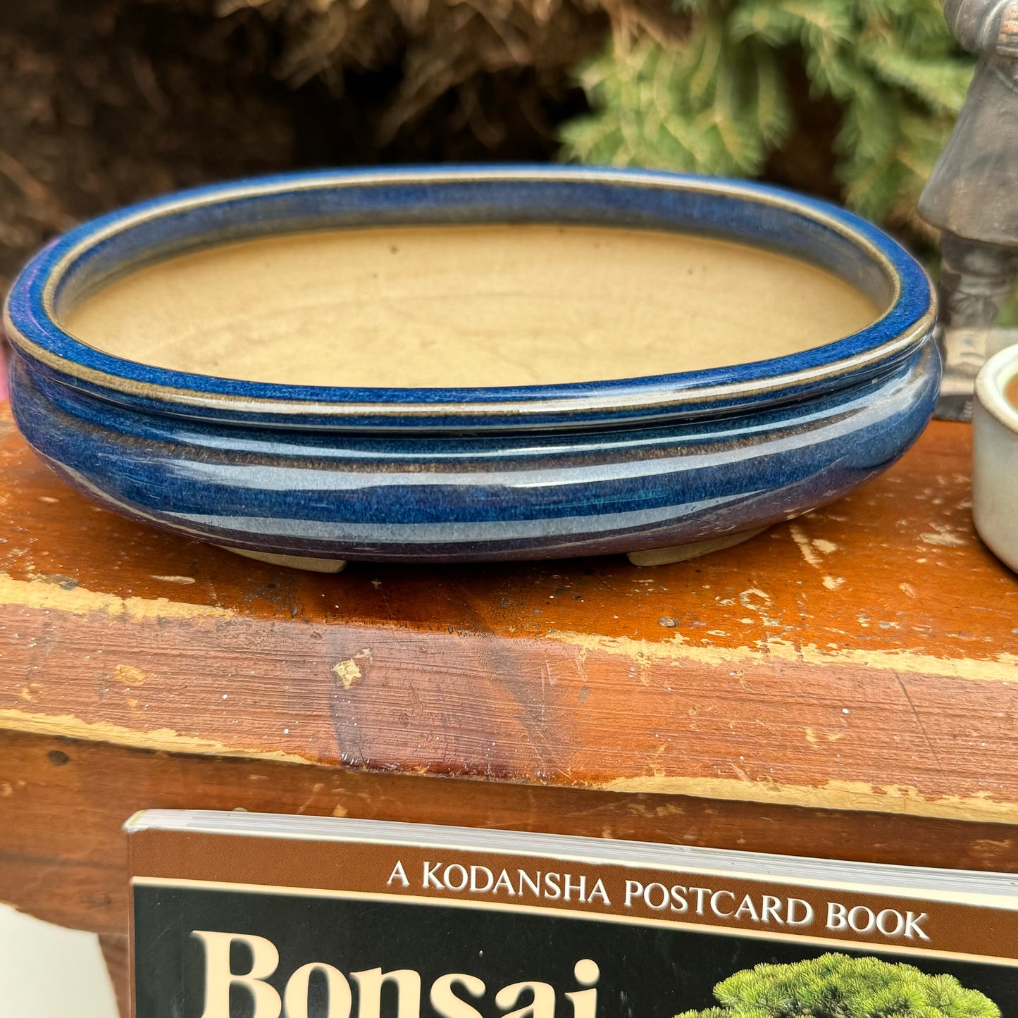 Japanese Oval Blue & White Bonsai Planter, Bonsai Postcard Book & Chinese Terracotta Clay Warrior