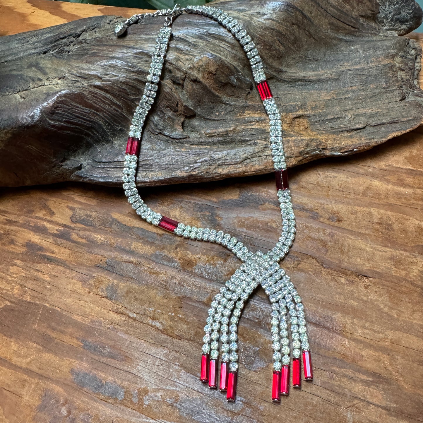 Vintage Clear & Red Multi Faceted Rhinestone Dangling Necklace