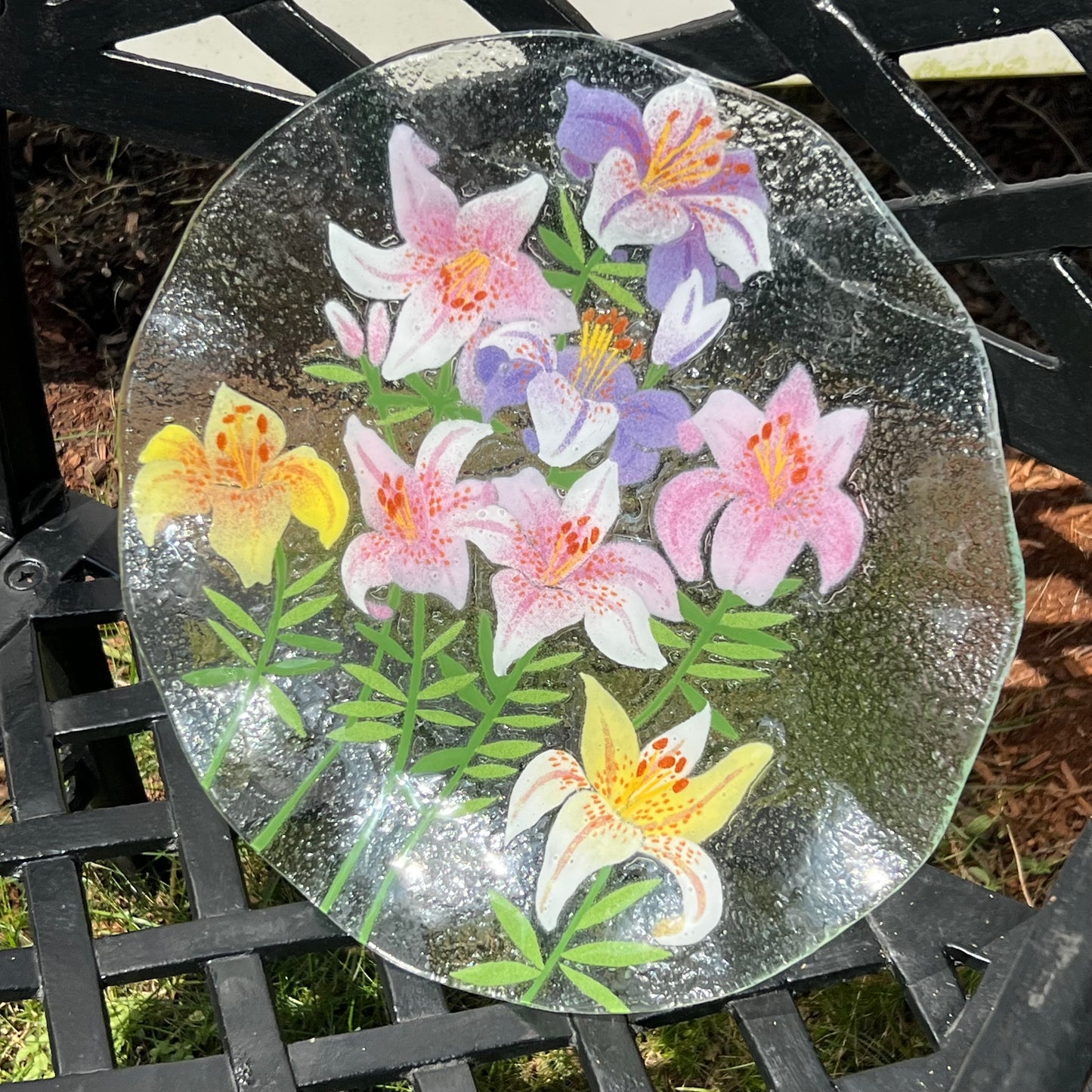 Fused Art Glass Lillies Ruffled Edge Round Serving Plate