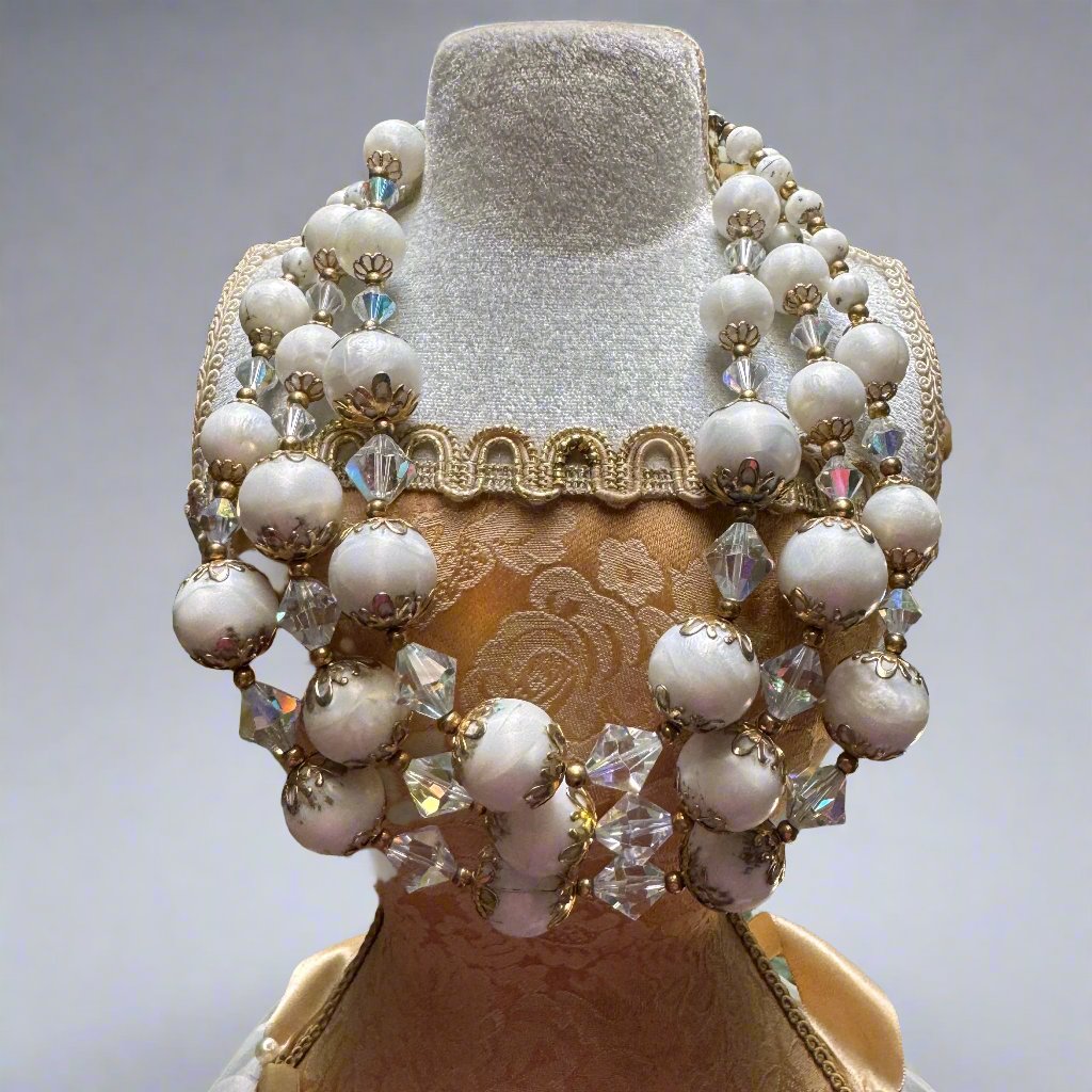 Triple Strand White & Crystal Glass Bead Necklace