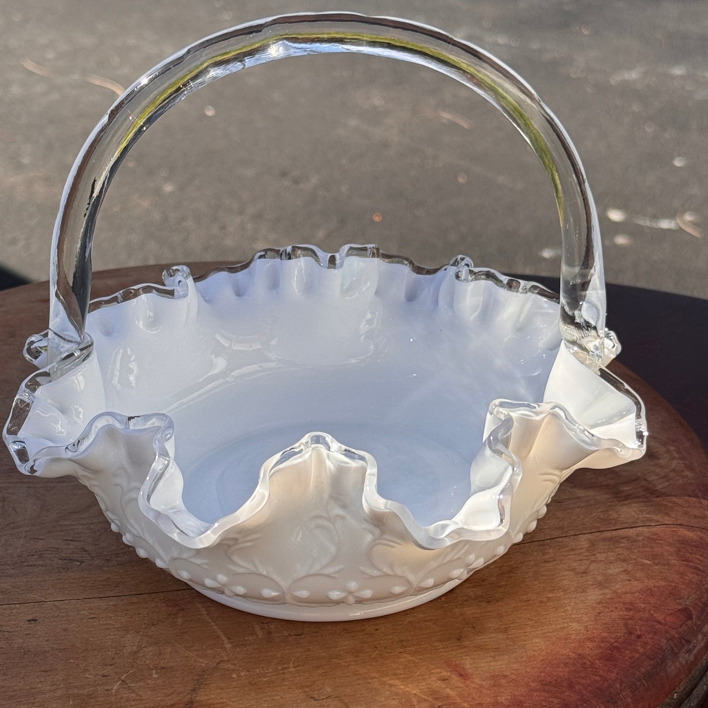 Vintage Fenton White Ruffled Silver Crest Spanish Lace Glass Basket